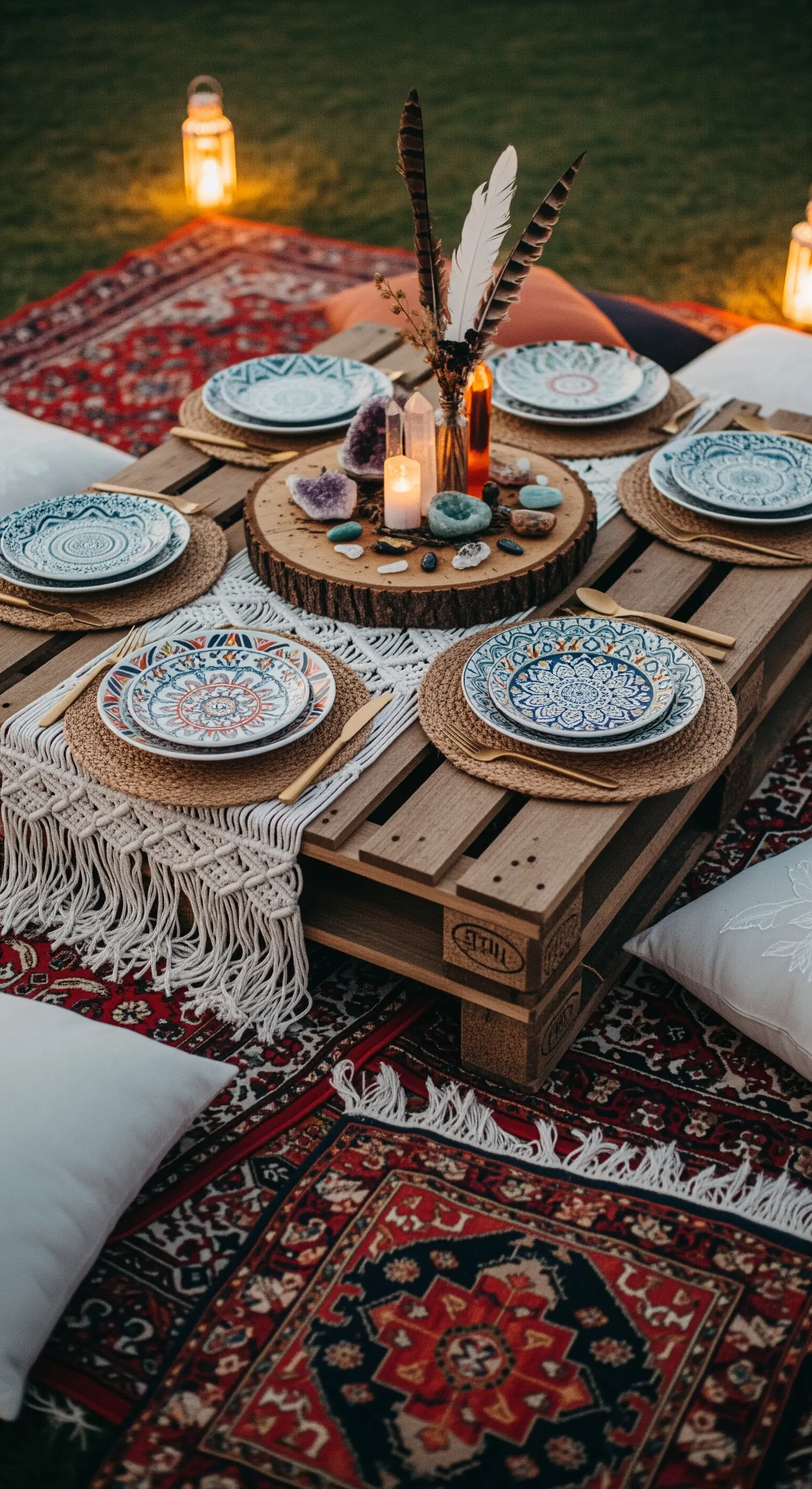 Tavola bassa stile picnic su pallet, circondata da tappeti e cuscini.