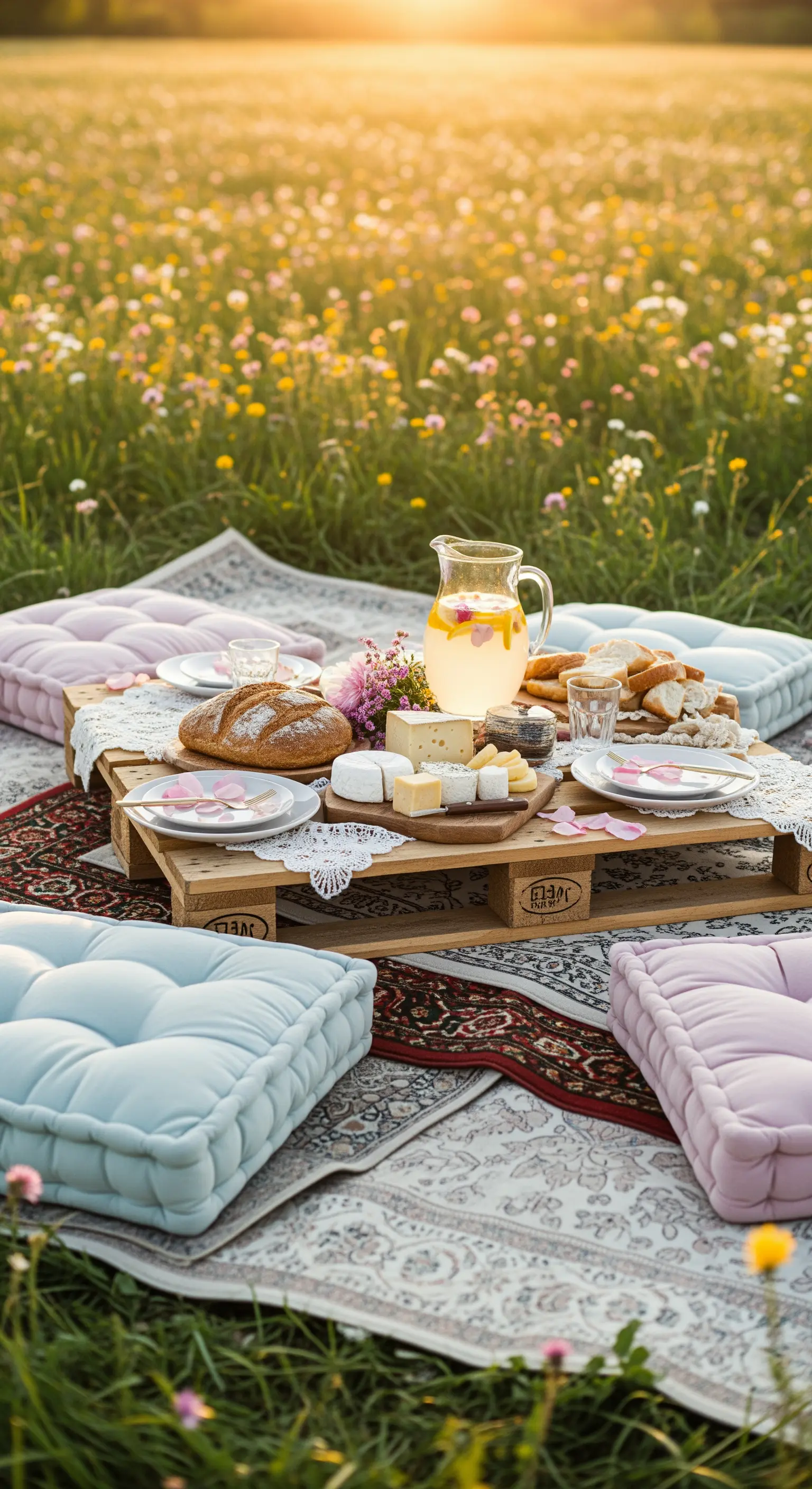 Picnic in un campo fiorito con pallet come tavolo, cuscini e tappeti persiani.