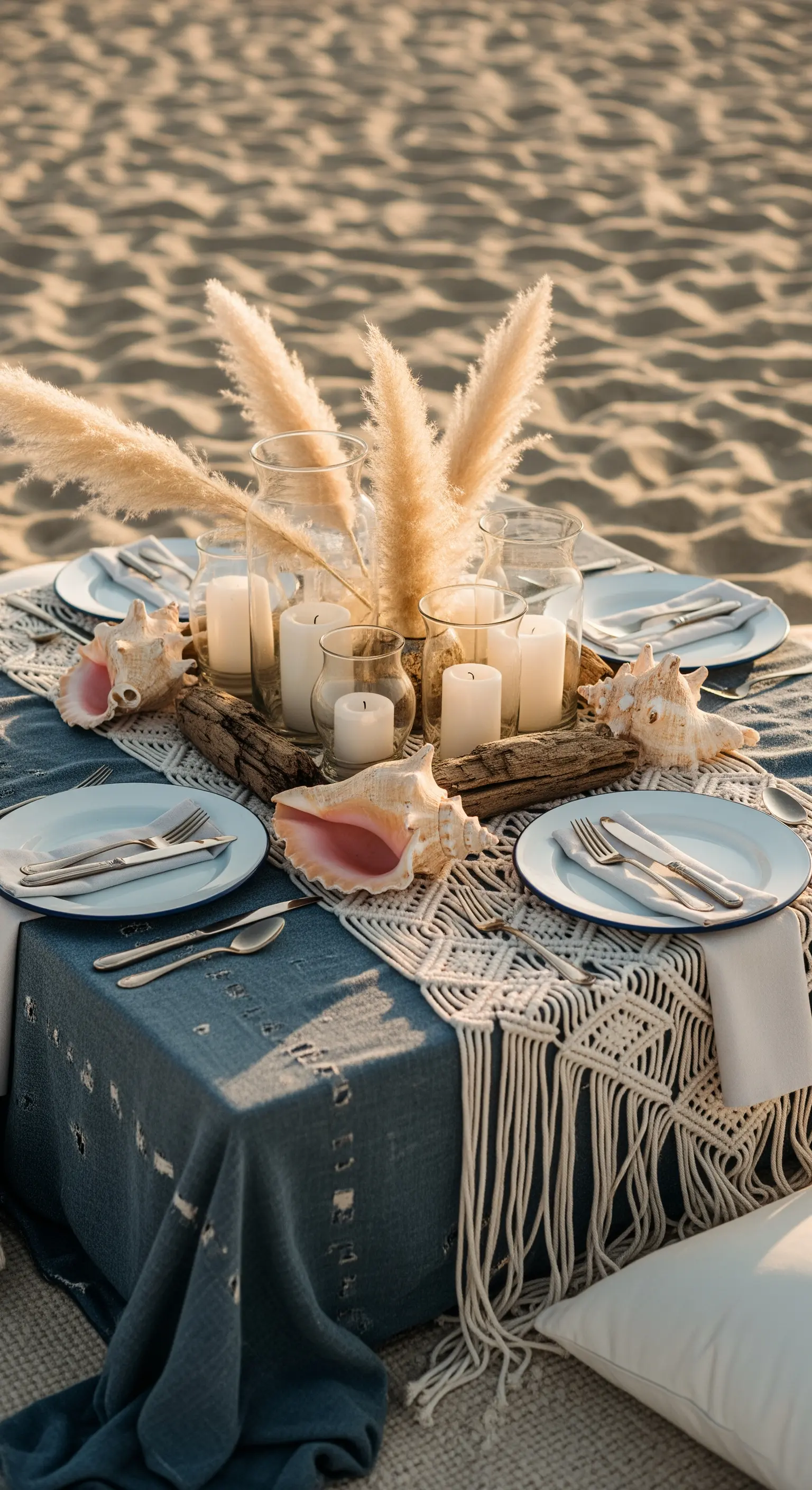 Allestimento boho sulla spiaggia con runner in macramè, pampas e conchiglie.