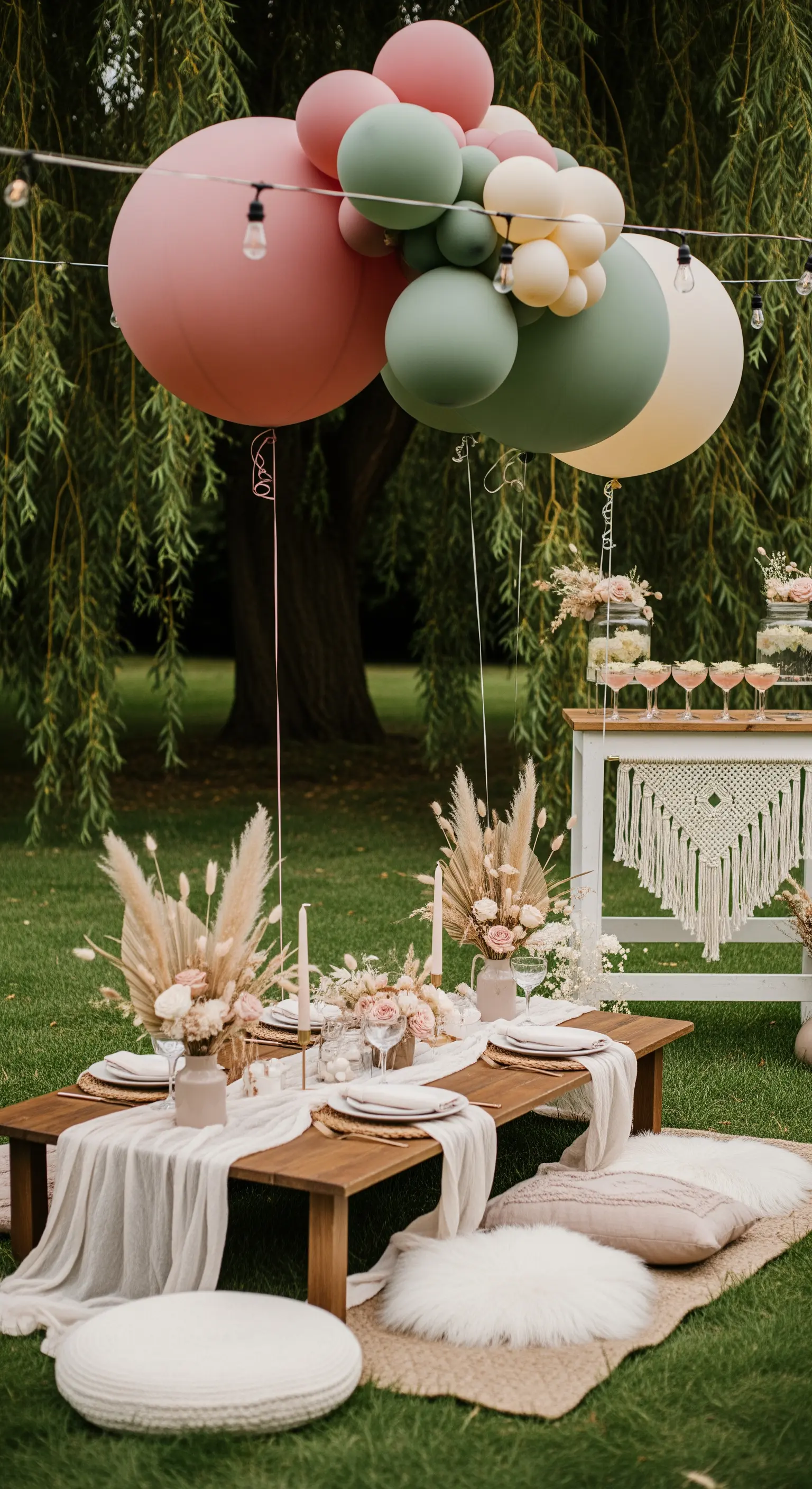Tavola da picnic in stile boho con cuscini, fiori secchi e palloncini dai toni pastello.