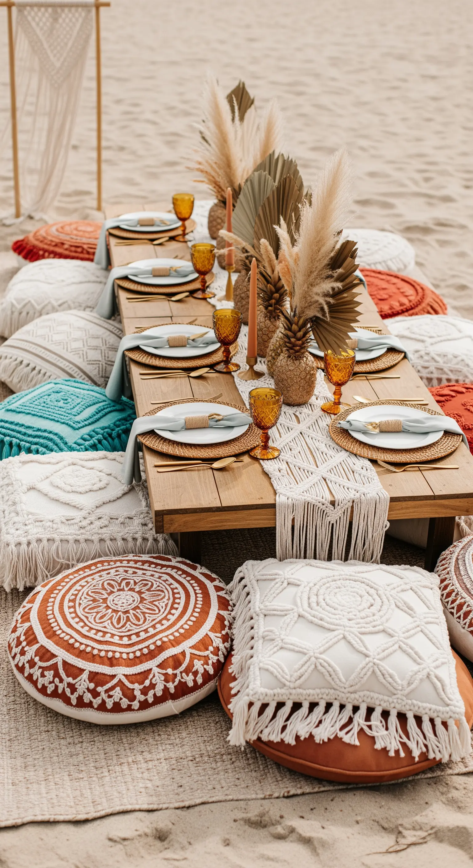 Allestimento per un picnic sulla spiaggia con tavolo basso, cuscini in macramè e decorazioni naturali.