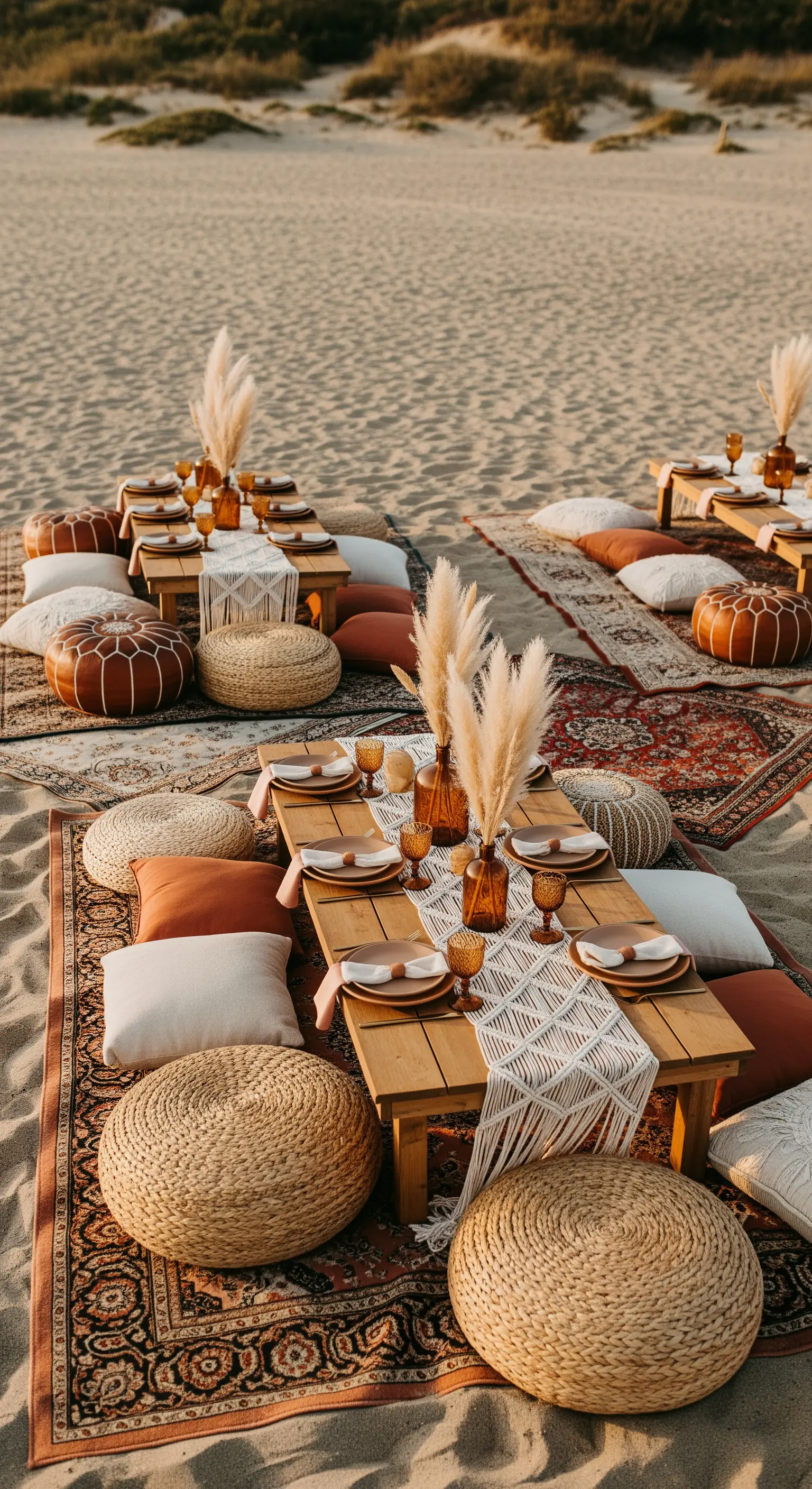 Allestimento picnic boho sulla sabbia con tappeti, cuscini e tavoli bassi in legno
