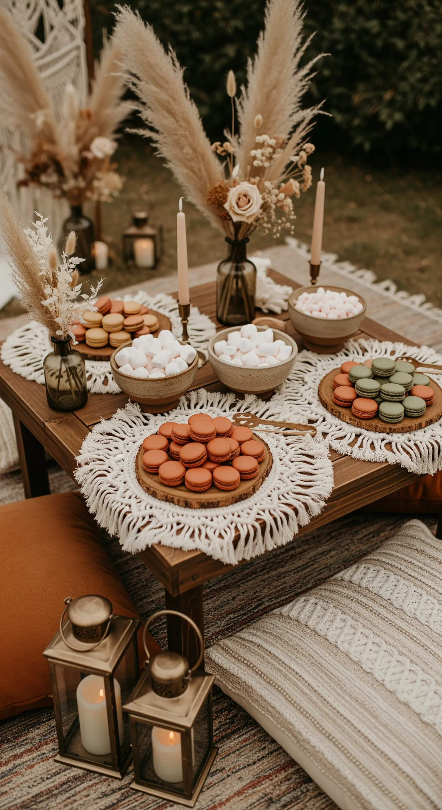 Tavolo basso in legno con macarons, ciotole di marshmallow, fiori secchi e decorazioni in macramè.