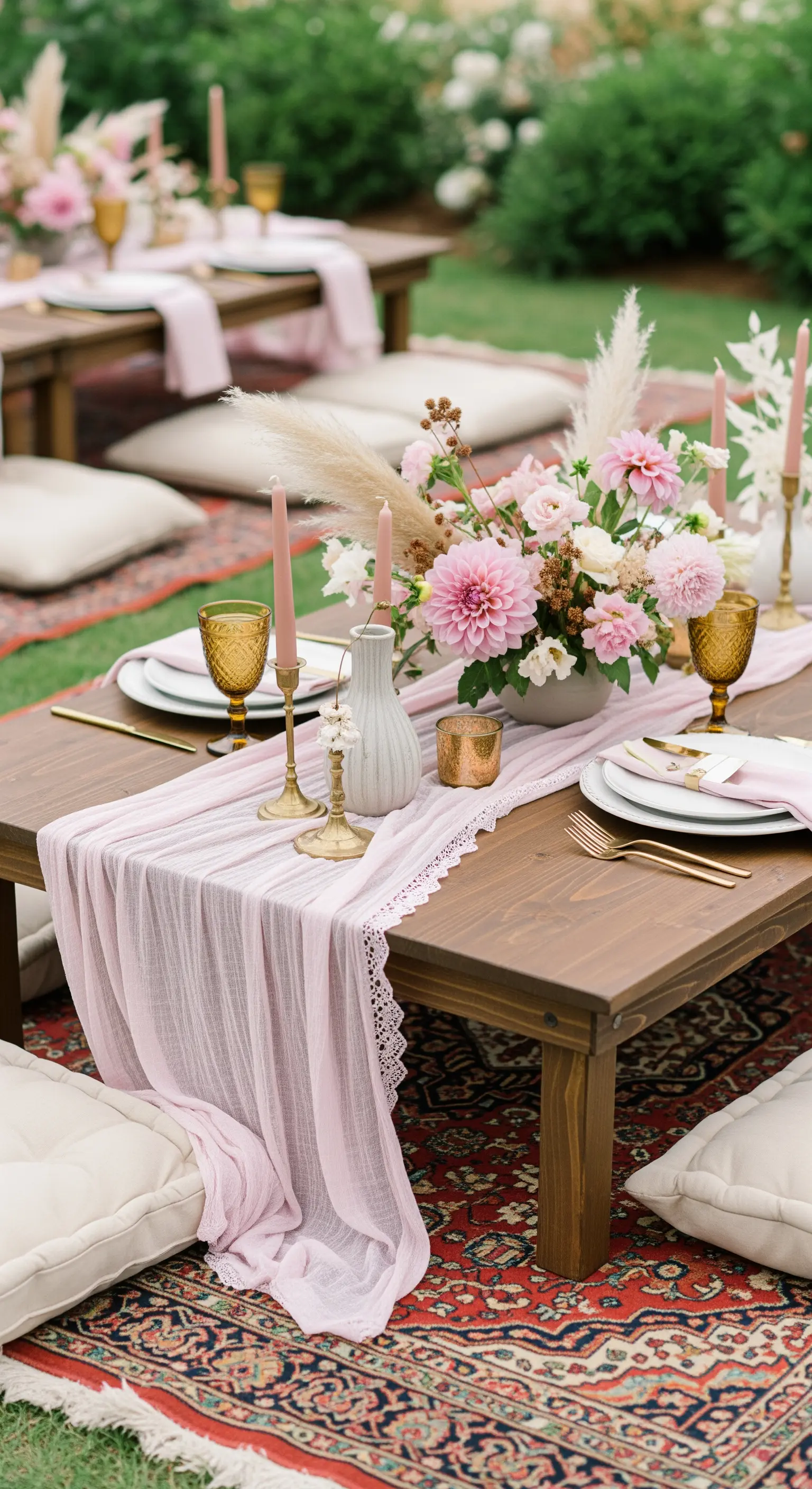Picnic nuziale boho-chic con tavoli bassi, cuscini, tappeti e un runner rosa in garza.