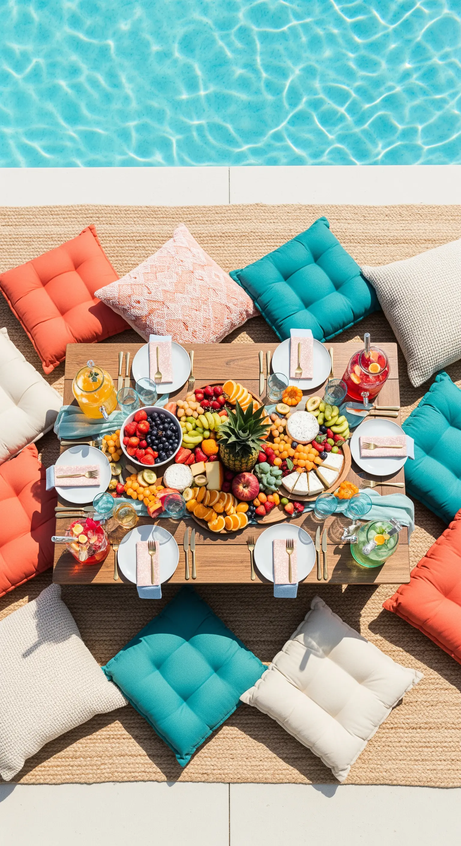 Tavolo basso in legno a bordo piscina con cuscini colorati e un ricco tagliere di frutta.