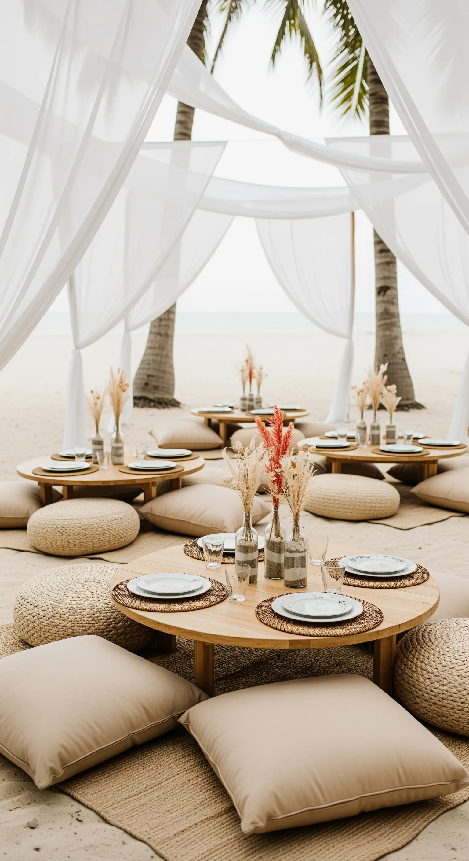 Allestimento per picnic sulla spiaggia con tavoli bassi, cuscini color sabbia e fiori secchi.