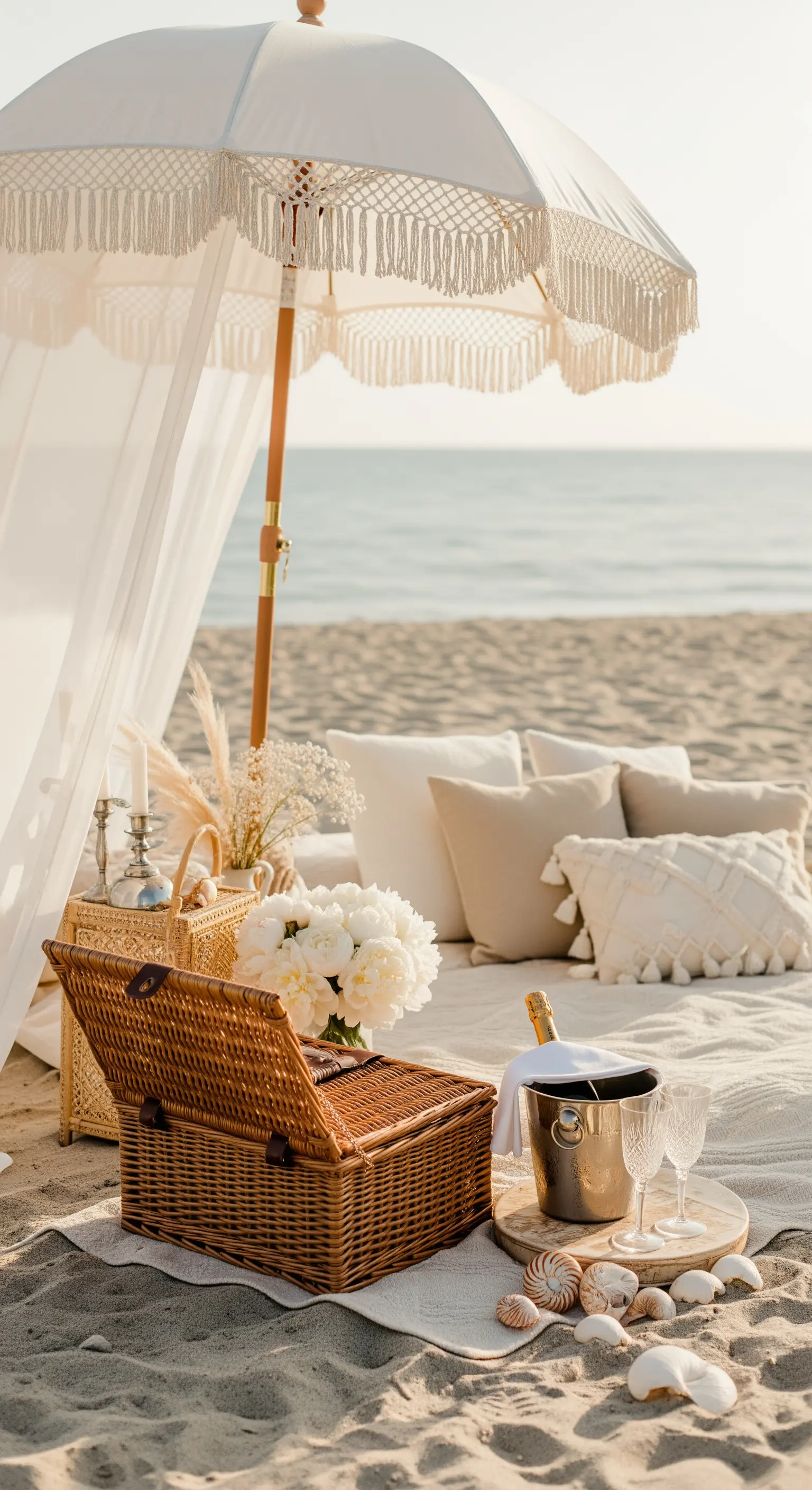 Allestimento per picnic di lusso sulla spiaggia con cesto in vimini, champagne e fiori bianchi.