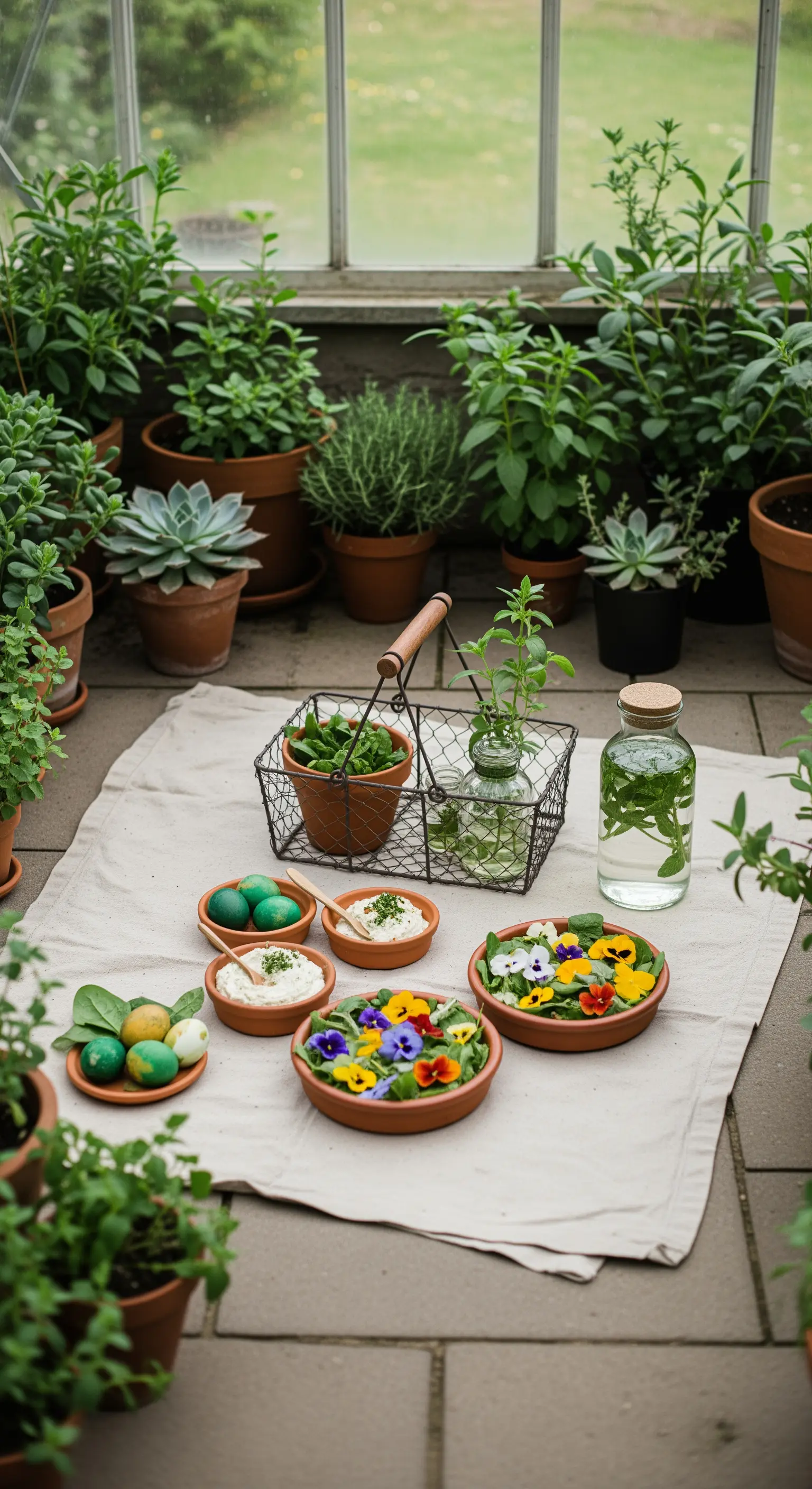 Picnic a tema botanico su un patio, circondato da vasi di erbe aromatiche.