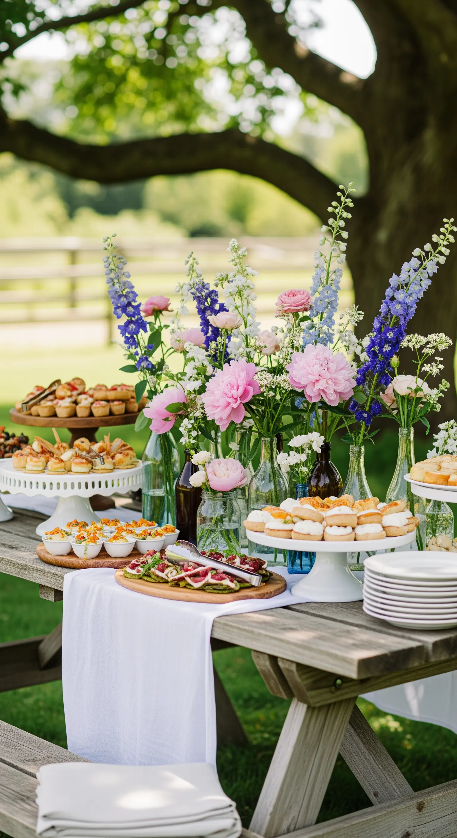 Tavolo da picnic in legno allestito per una festa con alzate bianche e vasi di fiori alti.