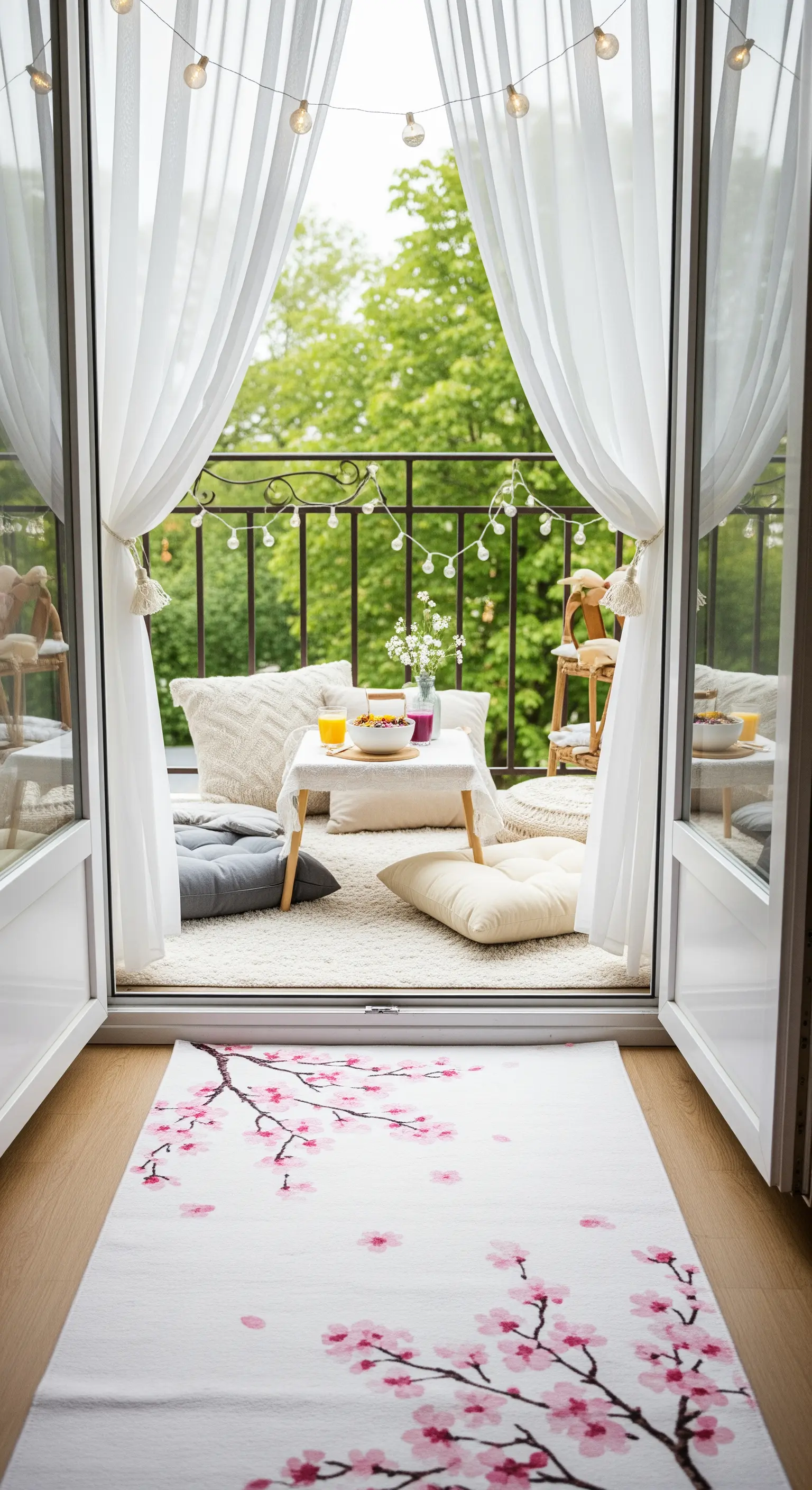 Balcone con cuscini a terra e tavolino basso, illuminato da lucine. Un runner con fiori di ciliegio.