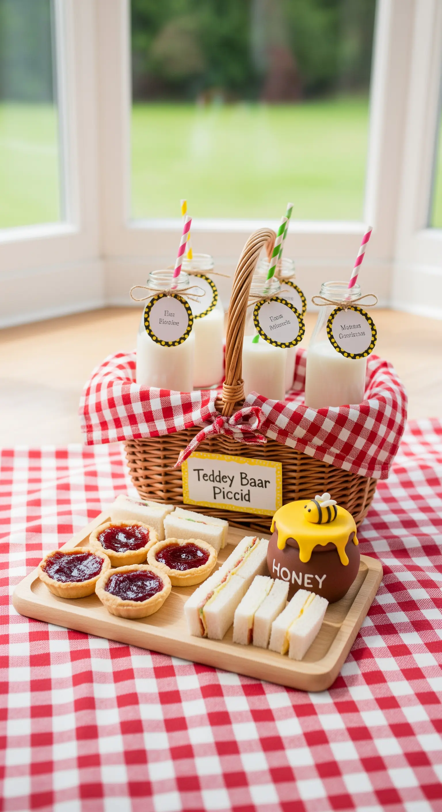 Cestino da picnic su una tovaglia a quadri con bottiglie di latte e piccoli snack.