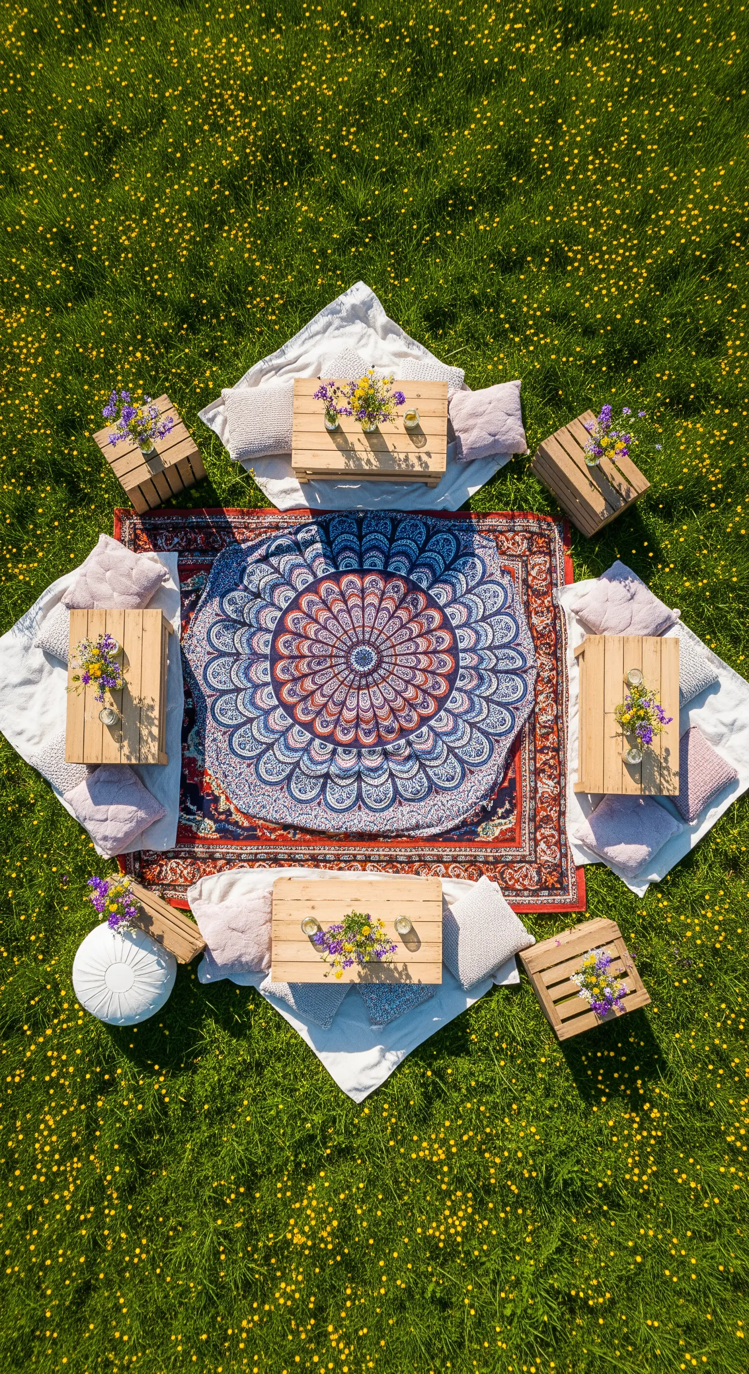Allestimento per picnic visto dall'alto, con tappeto mandala e postazioni con cassette di legno.
