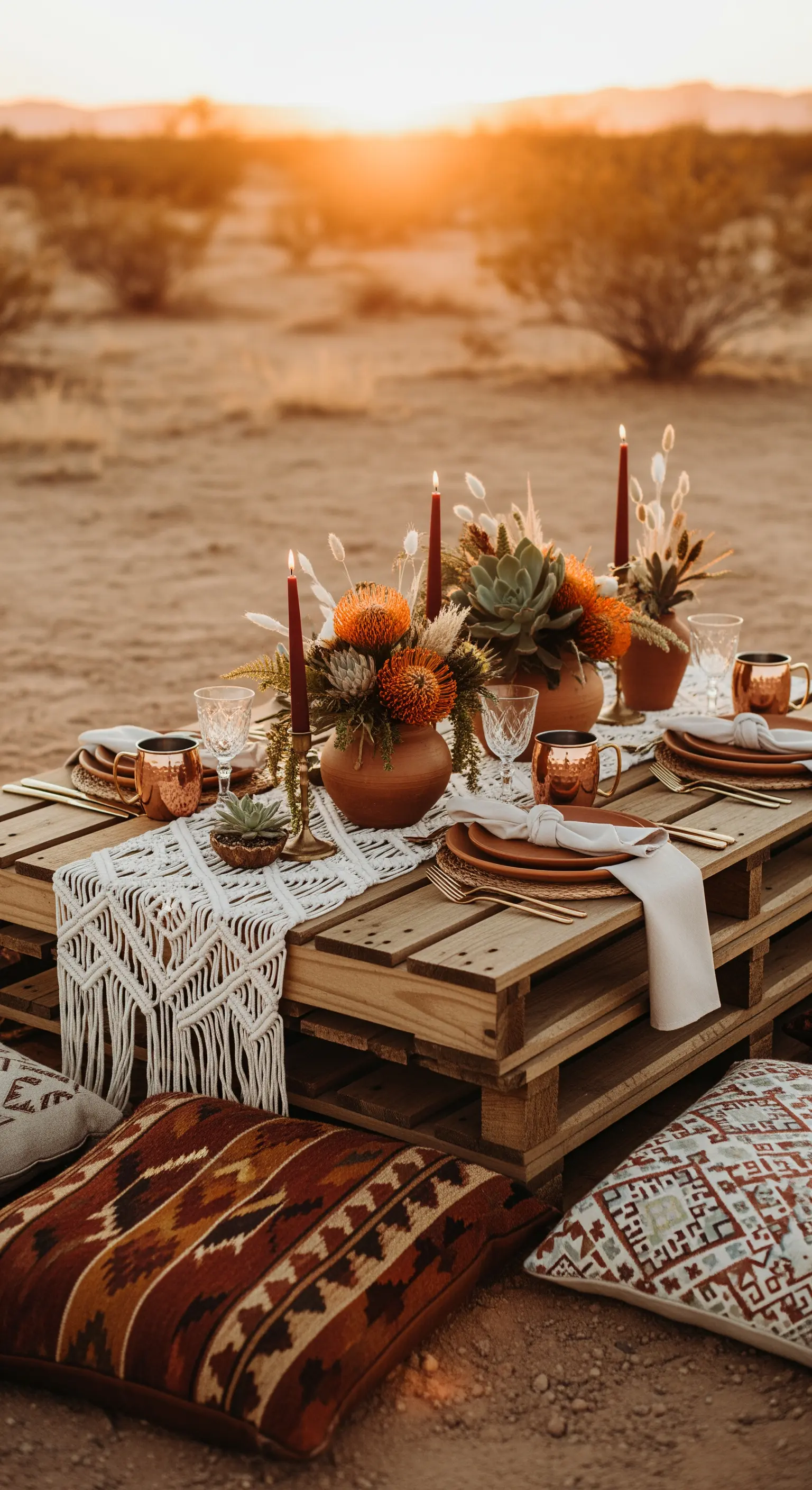 Allestimento picnic su pallet con cuscini etnici, runner in macramè e piante grasse nel deserto.