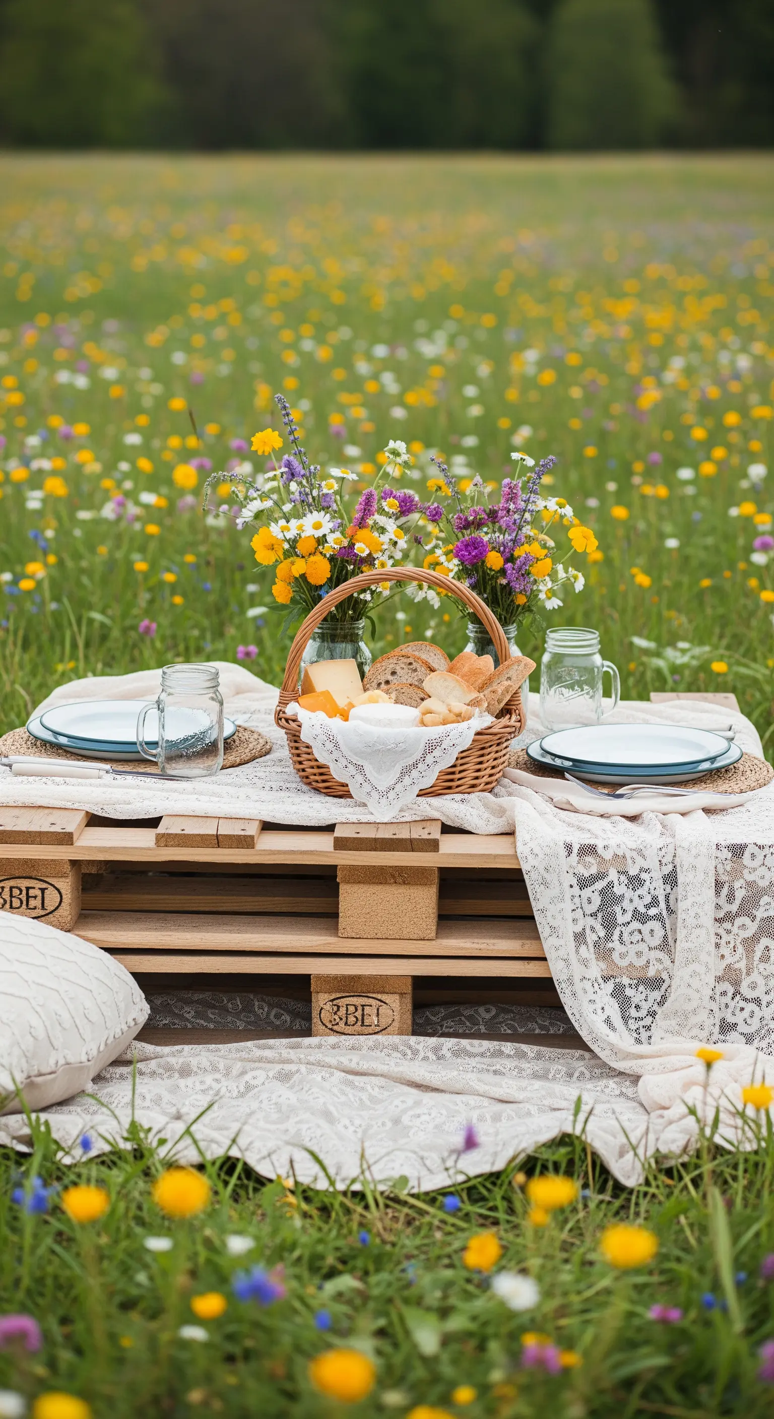 Picnic shabby chic in un campo fiorito con un tavolo fatto di pallet e cuscini