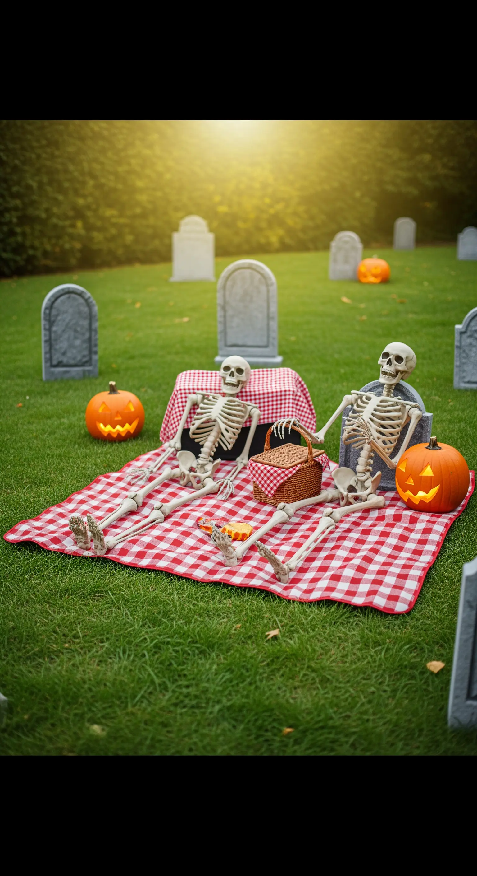 Due scheletri fanno un picnic su una tovaglia a quadri in un prato con lapidi.