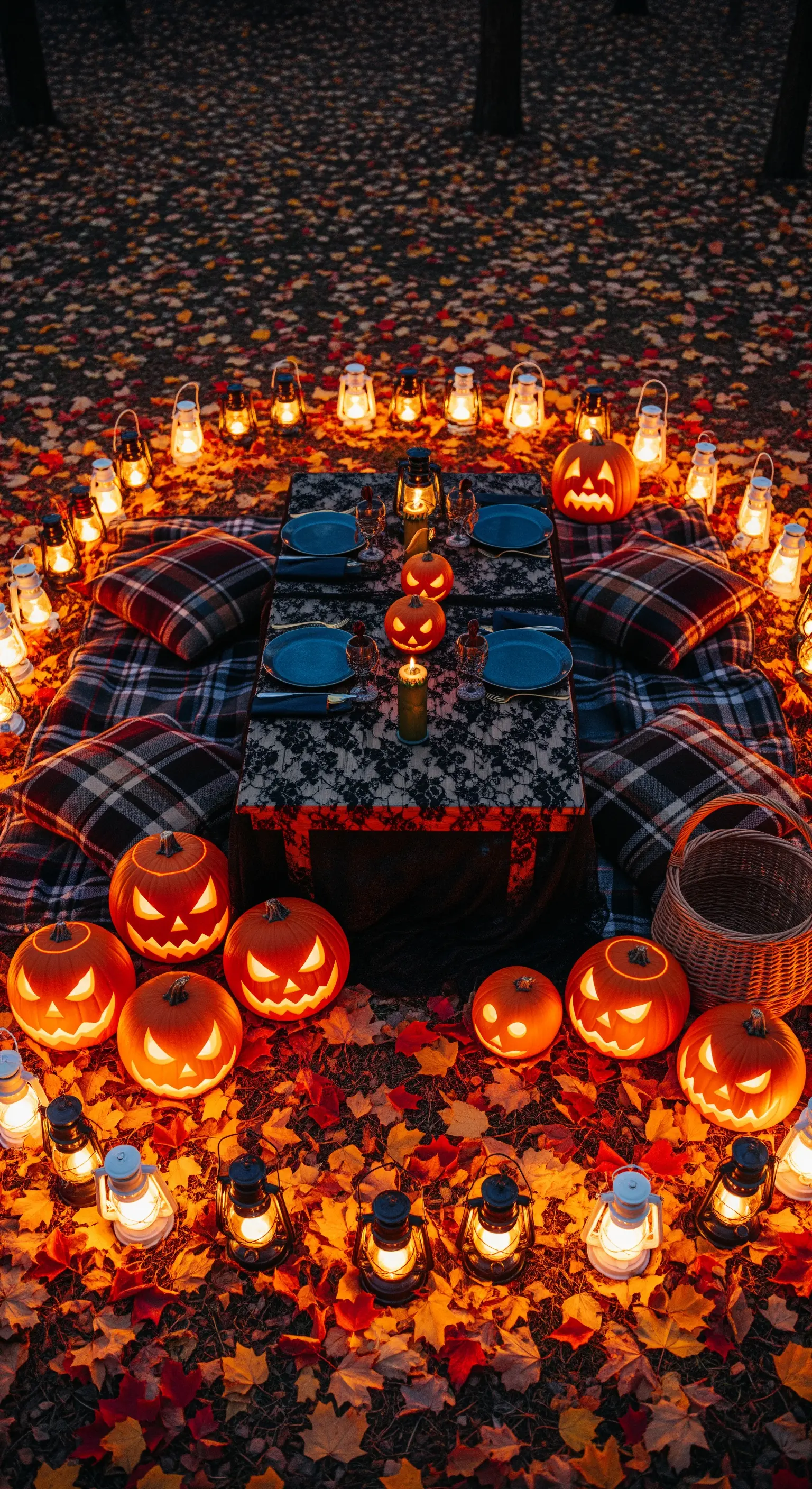 Picnic di Halloween all'aperto circondato da zucche e lanterne illuminate.