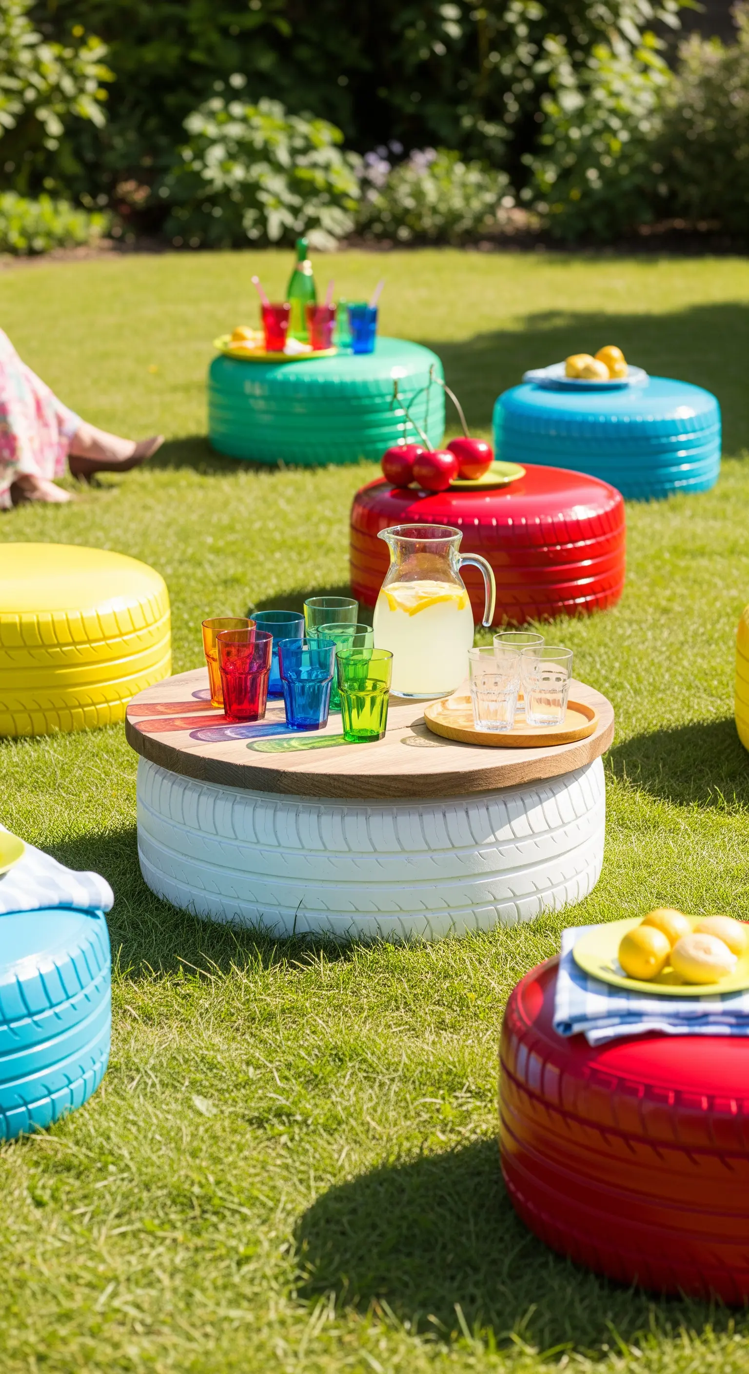 Gruppo di pouf e tavolini realizzati con pneumatici dipinti con colori vivaci per un picnic in giardino.