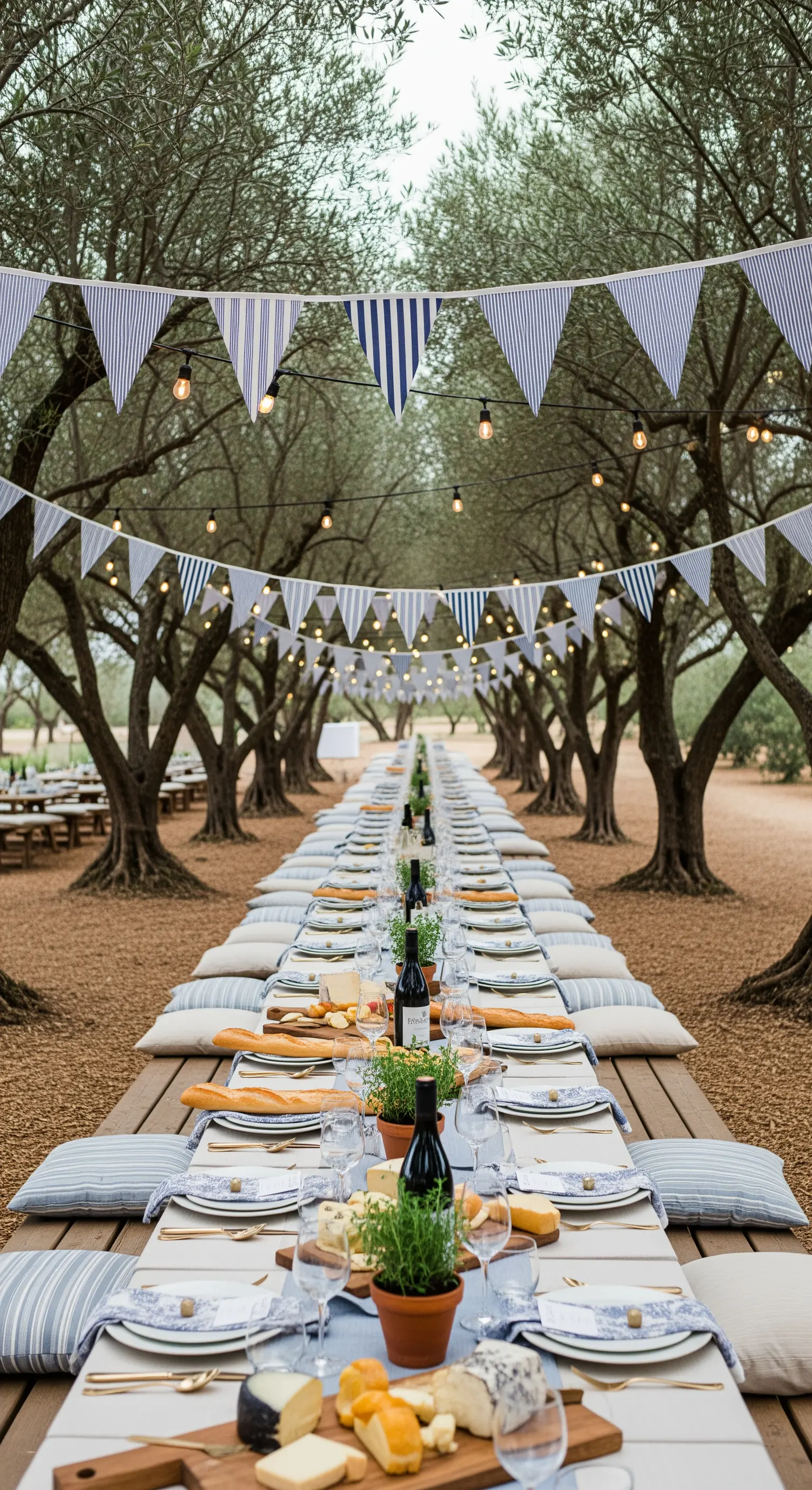 Lunga tavolata bassa tra gli ulivi con cuscini e bandierine a righe bianche e blu.