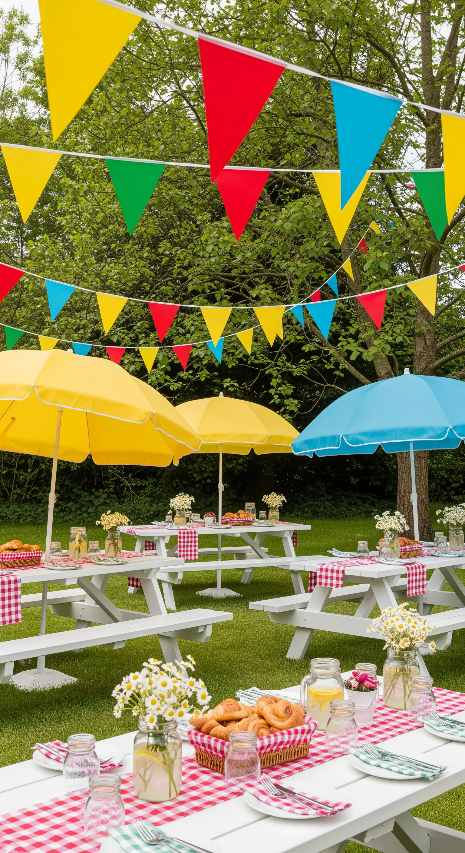 Tavoli da picnic bianchi con tovaglie a quadri rossi e ombrelloni colorati.