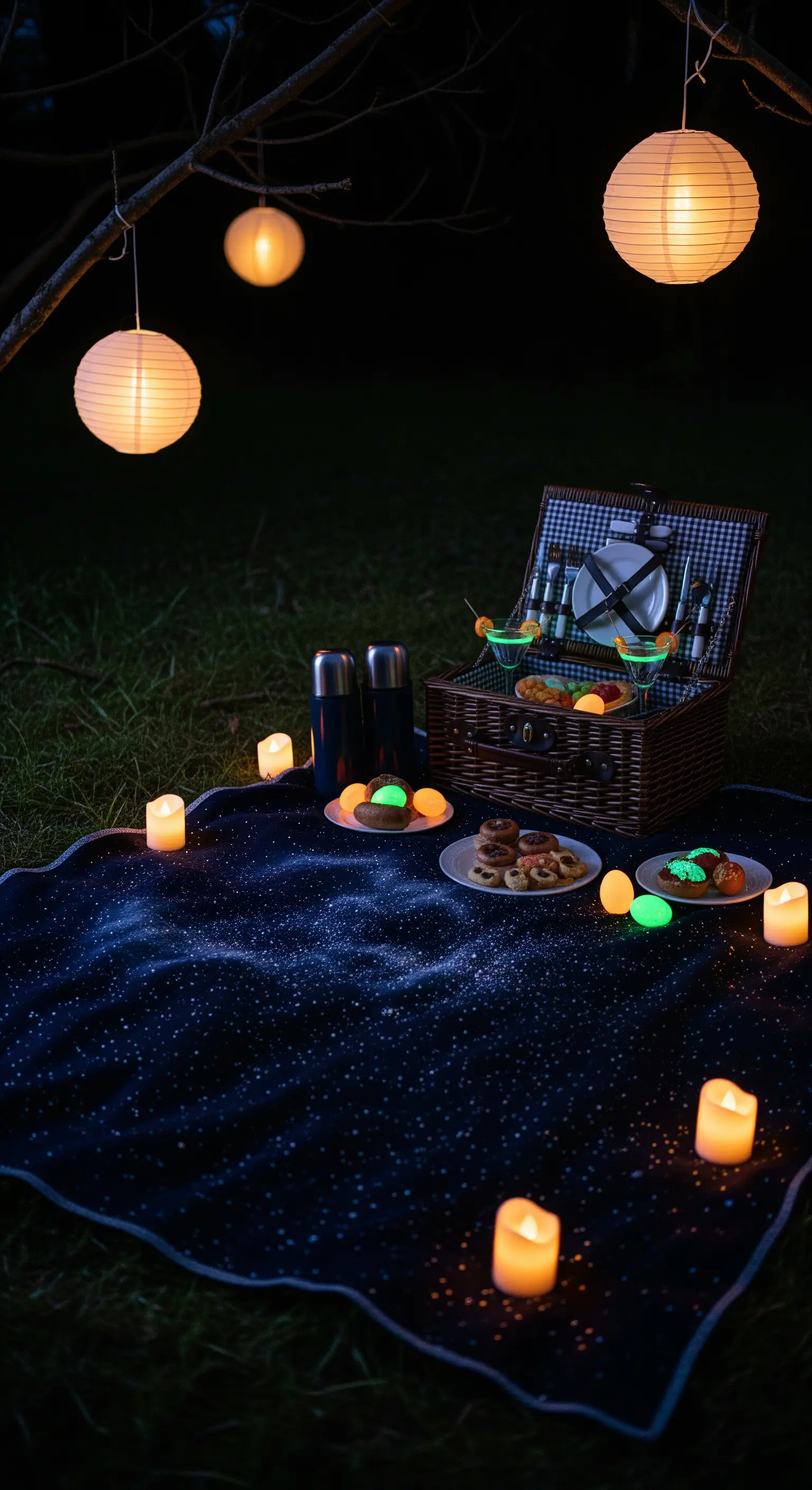 Picnic notturno illuminato da candele, con una coperta a tema cielo stellato e uova fluorescenti.