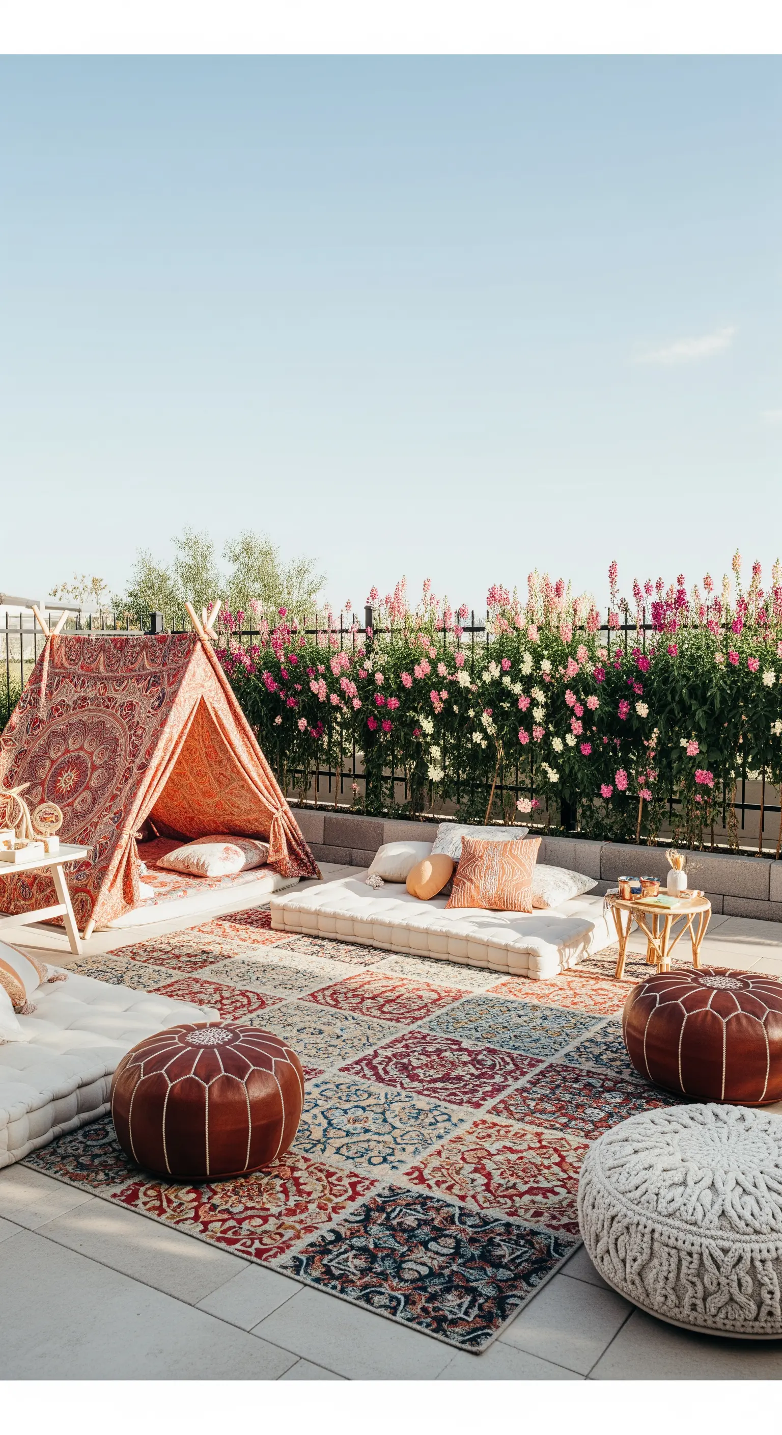 Giardino allestito per un picnic con tappeto, materassi a terra, pouf e una tenda teepee.