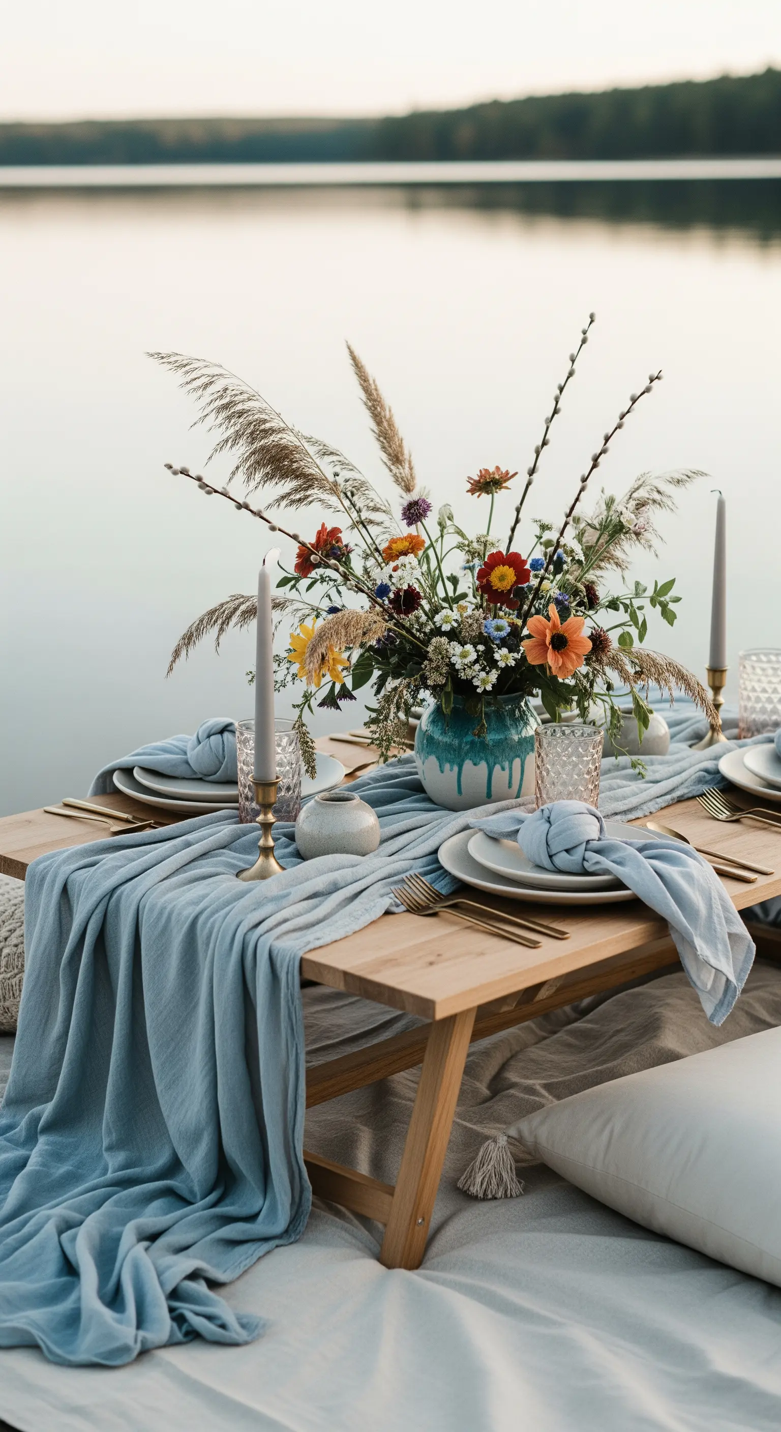 Allestimento picnic in riva al lago con tavolo basso, teli azzurri e centrotavola di fiori selvatici.
