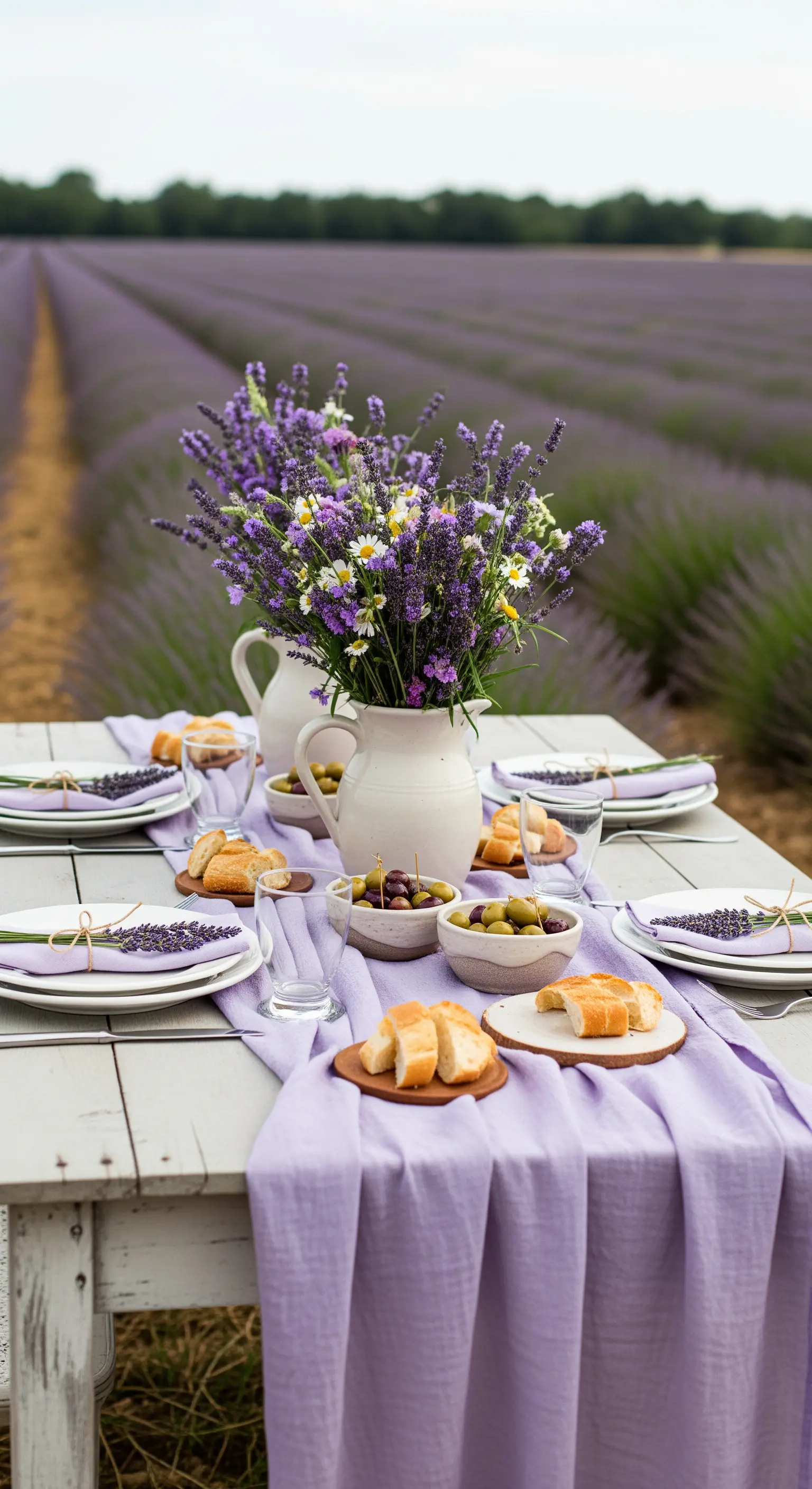Tavolo apparecchiato in un campo di lavanda con tovaglia viola e un grande vaso di lavanda.