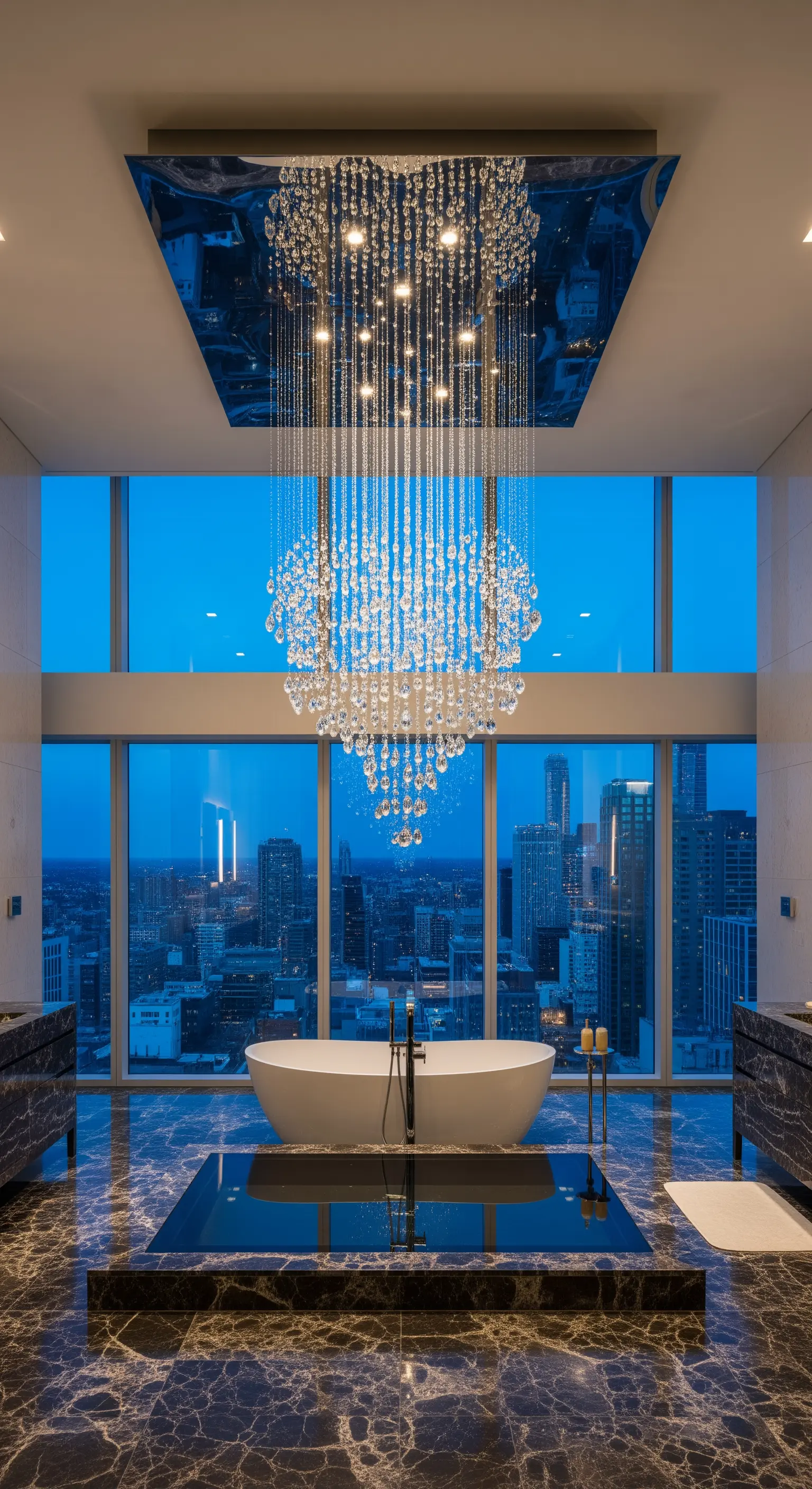 Bagno in un attico con vista sulla città e un enorme lampadario a cascata di cristalli.