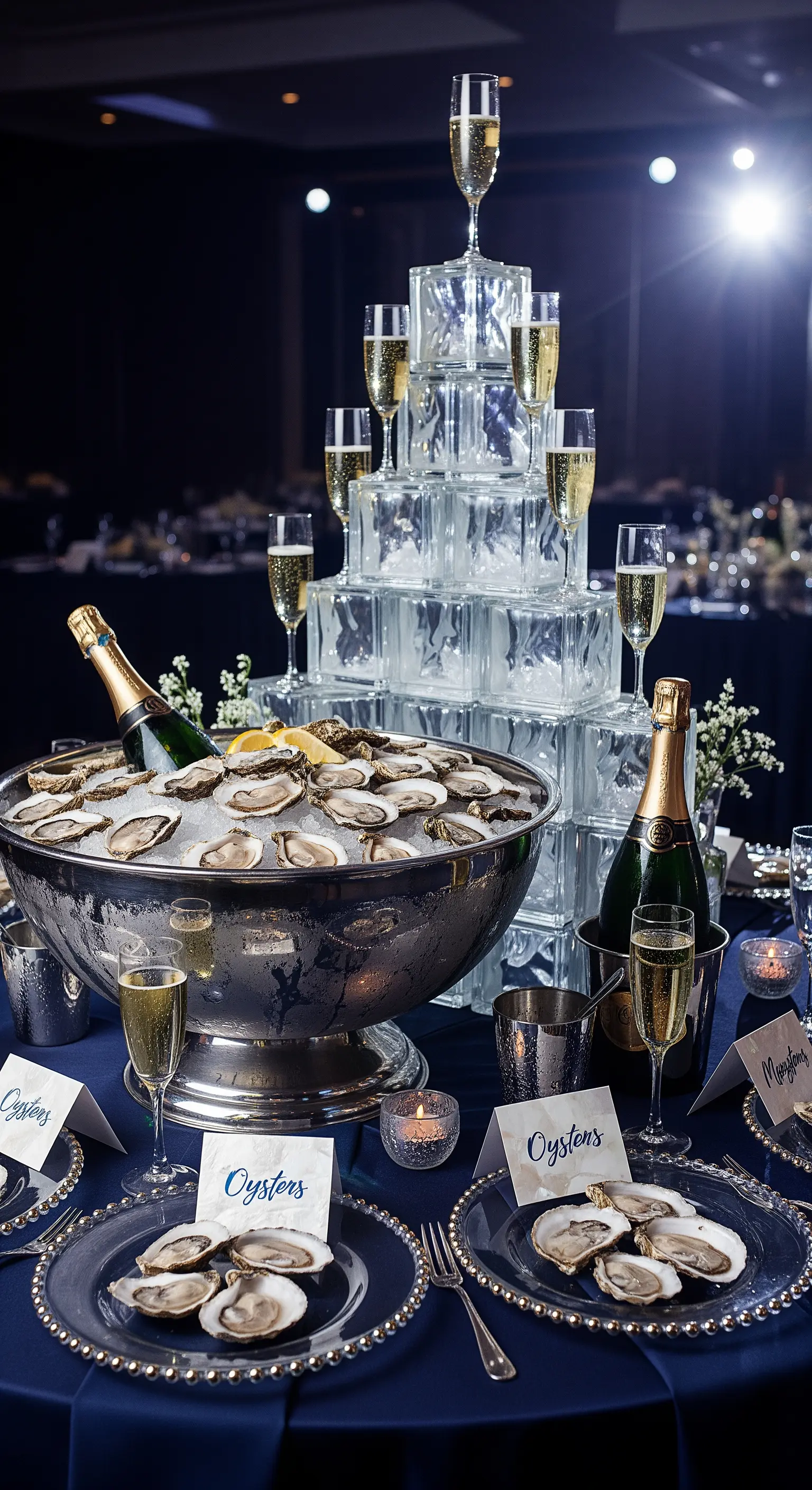 Buffet di lusso con ostriche nel ghiaccio e una piramide di cubi di vetro per lo champagne.