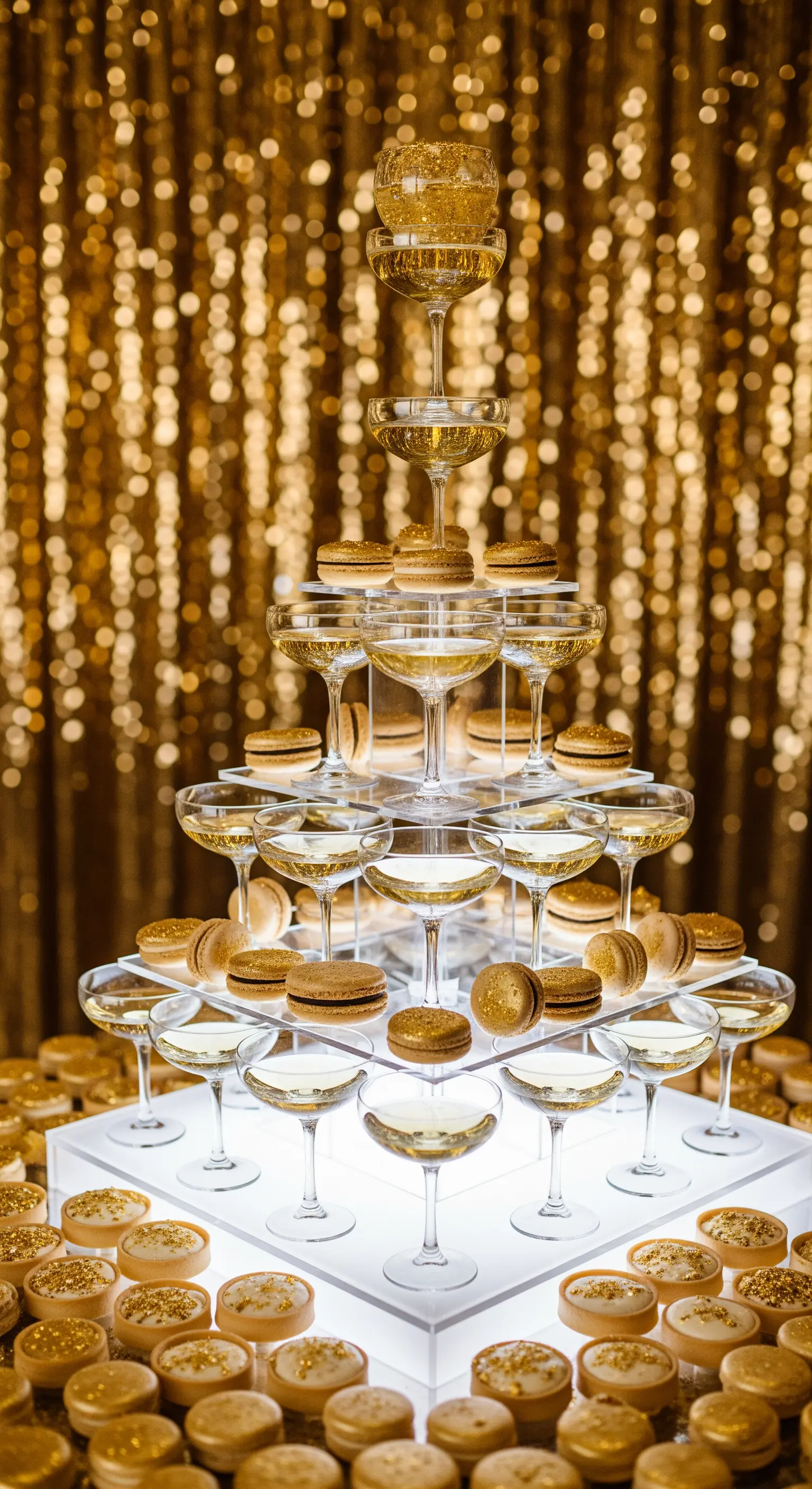 Torre di coppe di champagne e macarons dorati su sfondo di paillettes dorate.