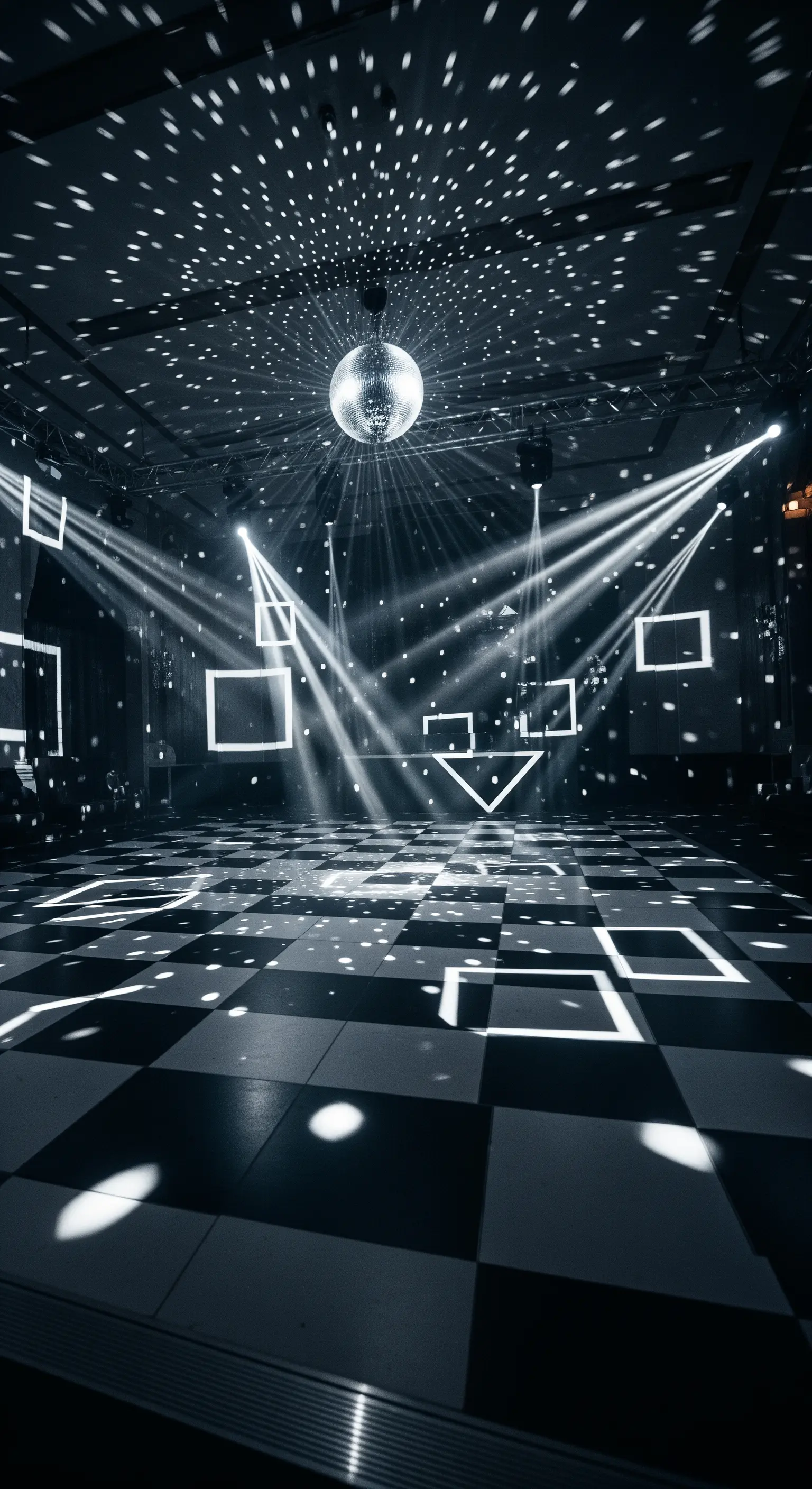 Pista da ballo a scacchi illuminata da una disco ball e proiezioni geometriche.