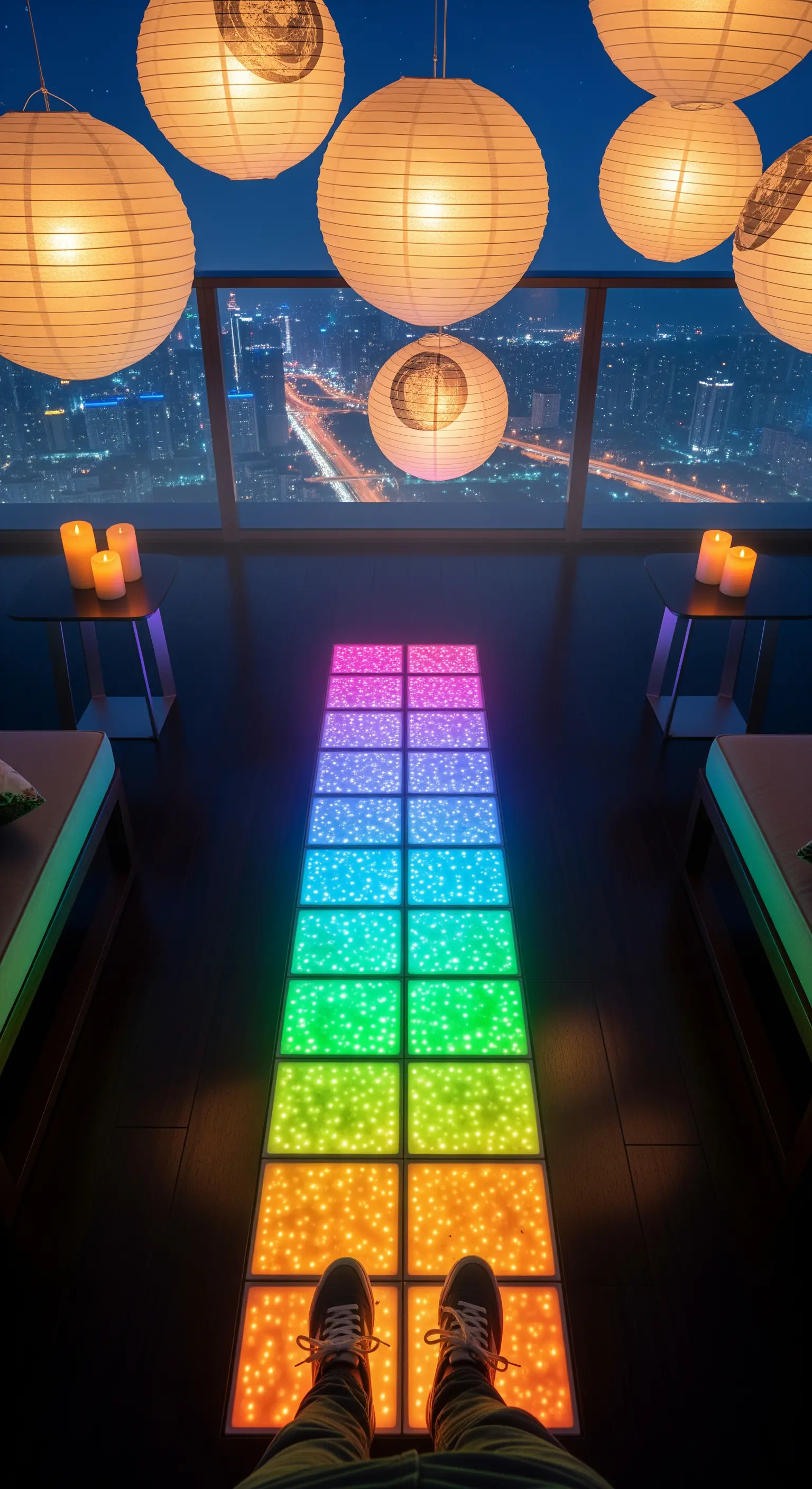 Pavimento a pannelli LED colorati su un balcone con vista sulla città e lanterne di carta sospese