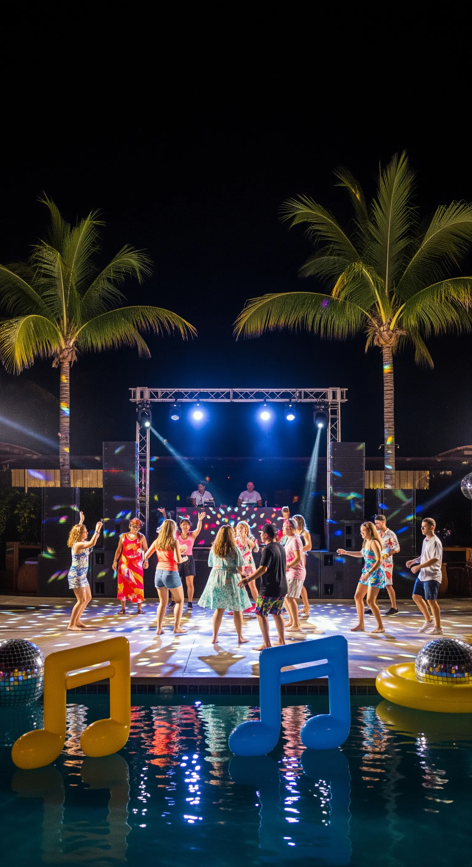 Festa in piscina di notte con pista da ballo illuminata, DJ set e gonfiabili a tema musicale.