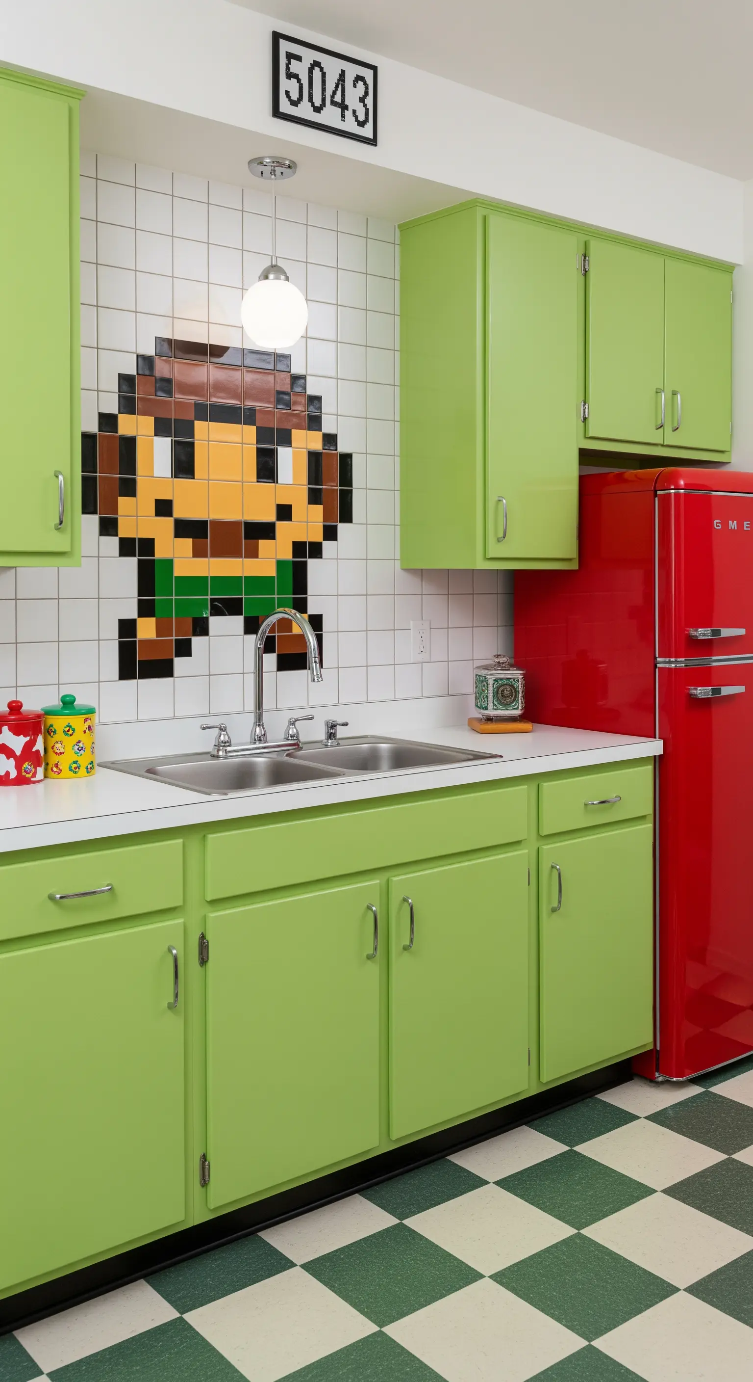 Paraschizzi con mosaico di piastrelle che ricrea un personaggio di un videogioco a 8-bit.