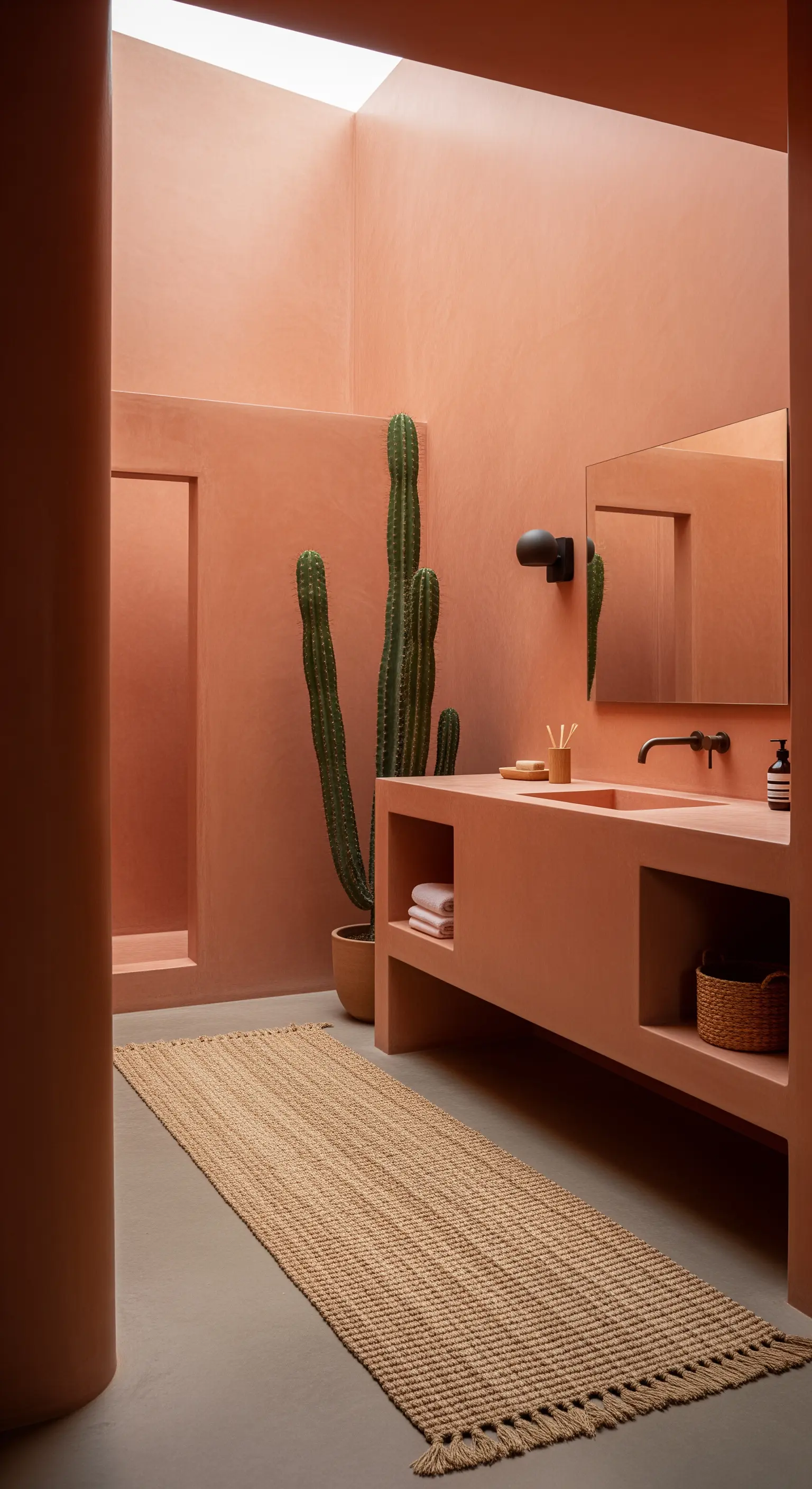 Bagno minimalista in microcemento terracotta con lavabo integrato e un lungo tappeto in juta.
