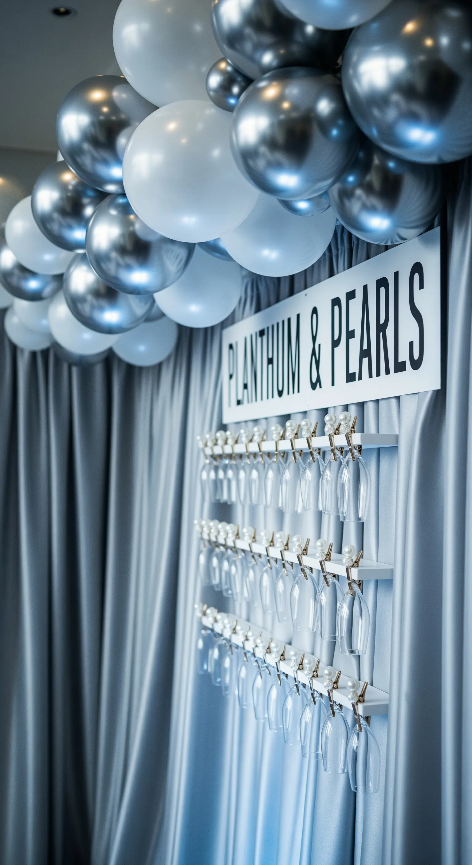Champagne wall con drappeggio in raso grigio, palloncini bianchi e argento e dettagli dorati.