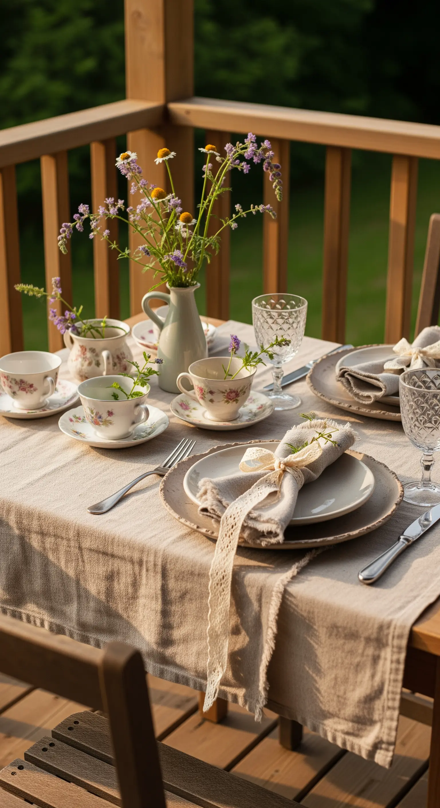Tavola primaverile in terrazza con tovaglia in lino, porcellane floreali e tovaglioli legati con pizzo