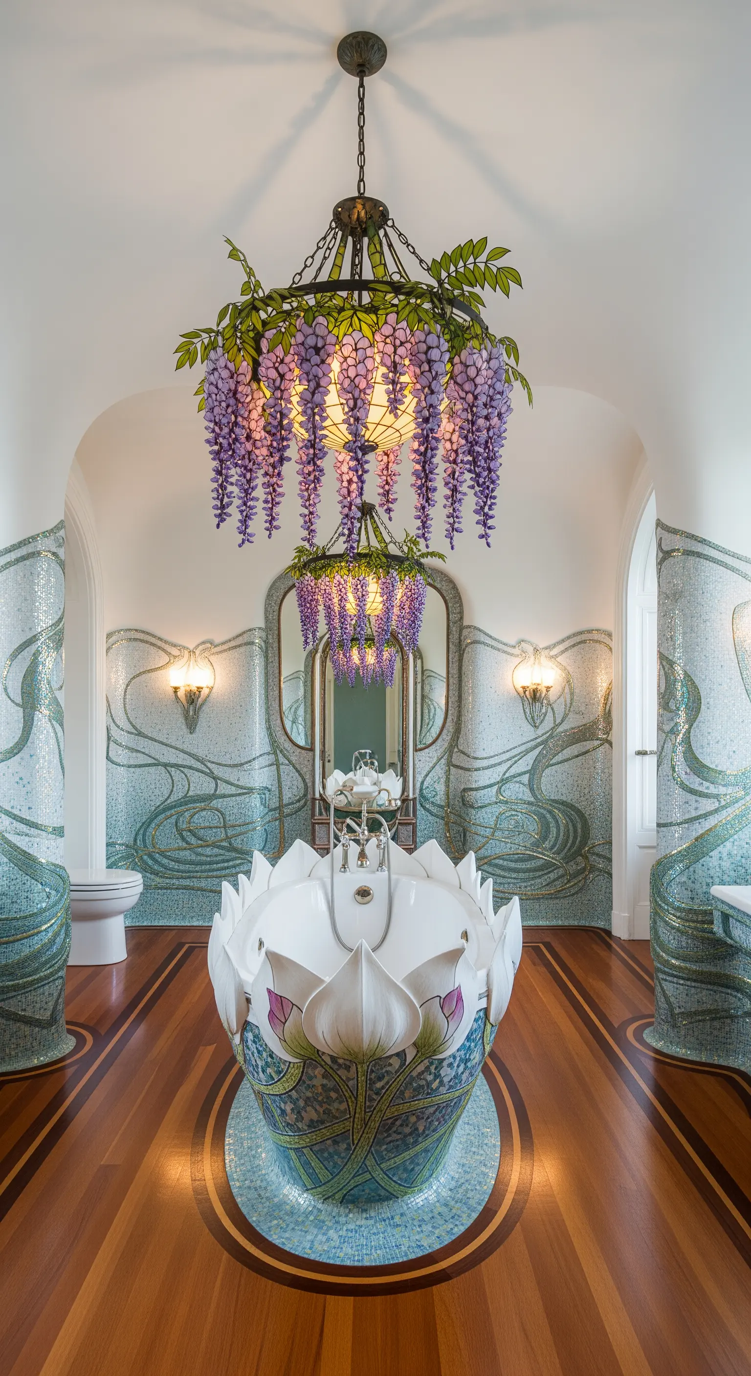Bagno in stile Art Nouveau con lampadario a forma di glicine e vasca a forma di fiore di loto.