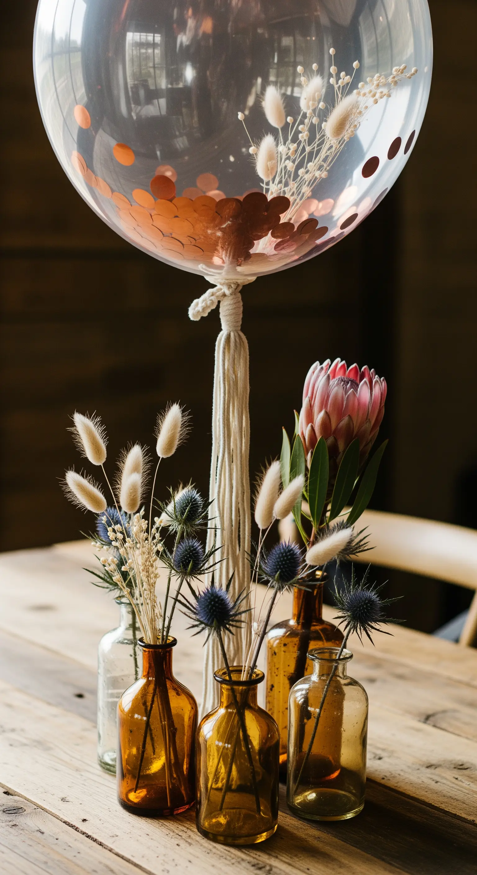 Composizione con palloncino, fiori secchi e cardo blu in piccole bottiglie di vetro ambrato.