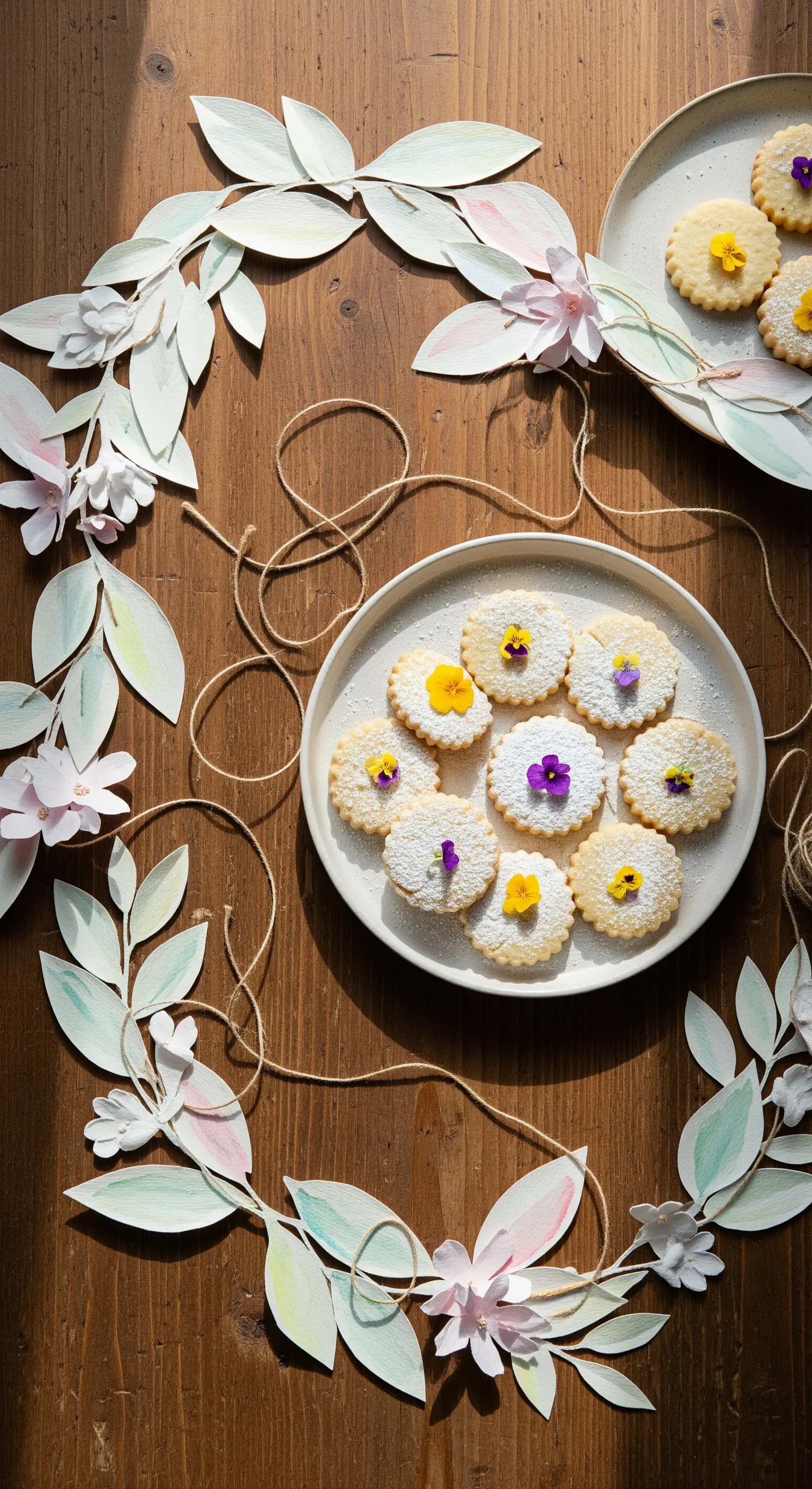 Biscotti con fiori eduli disposti su un tavolo di legno accanto a una ghirlanda di carta botanica.