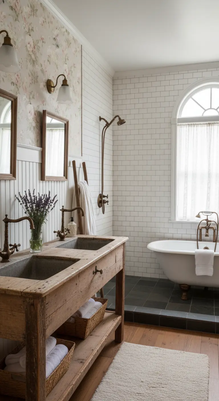 Bagno in stile cottage con carta da parati floreale, doppio lavabo su mobile in legno rustico.