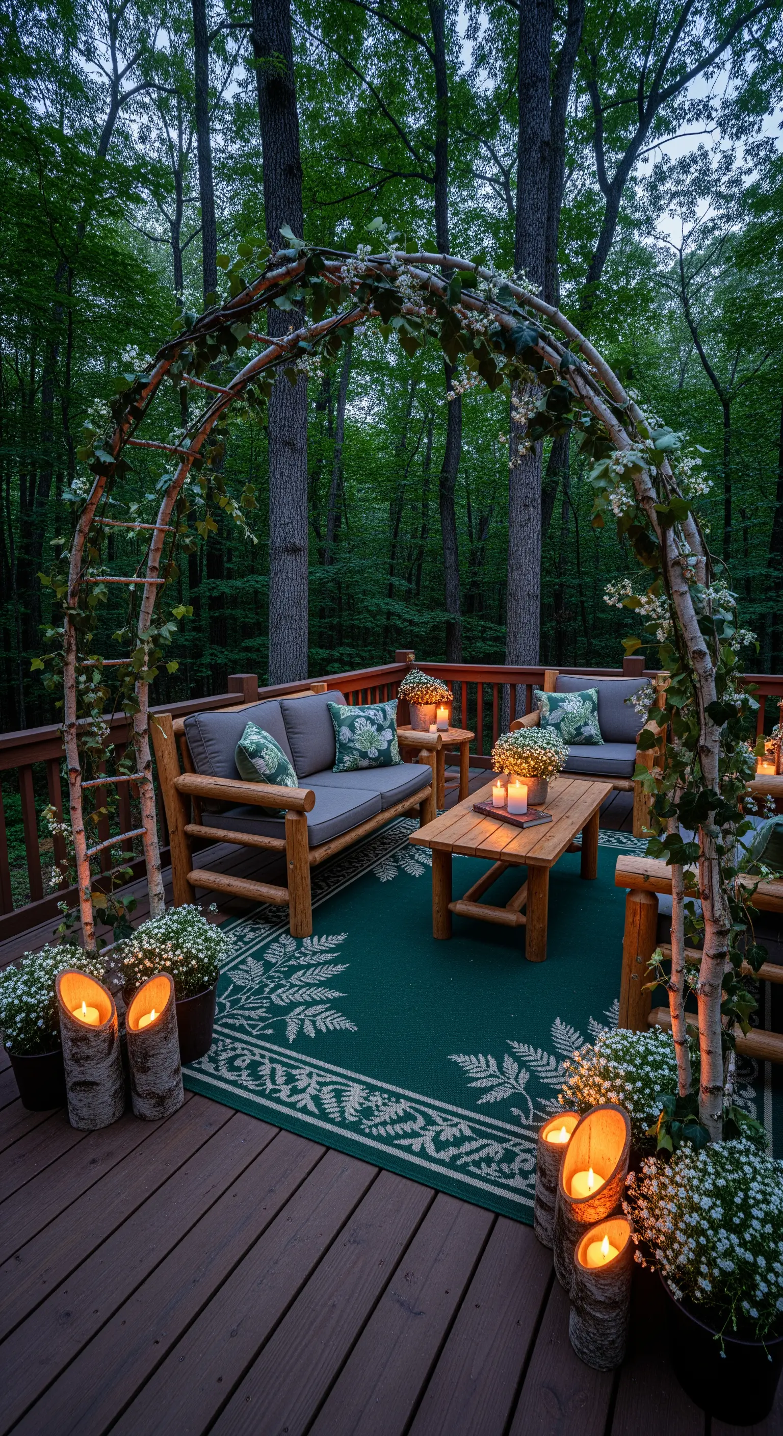 Terrazza in legno con un arco fatto di rami di betulla e illuminazione da ceppi di legno