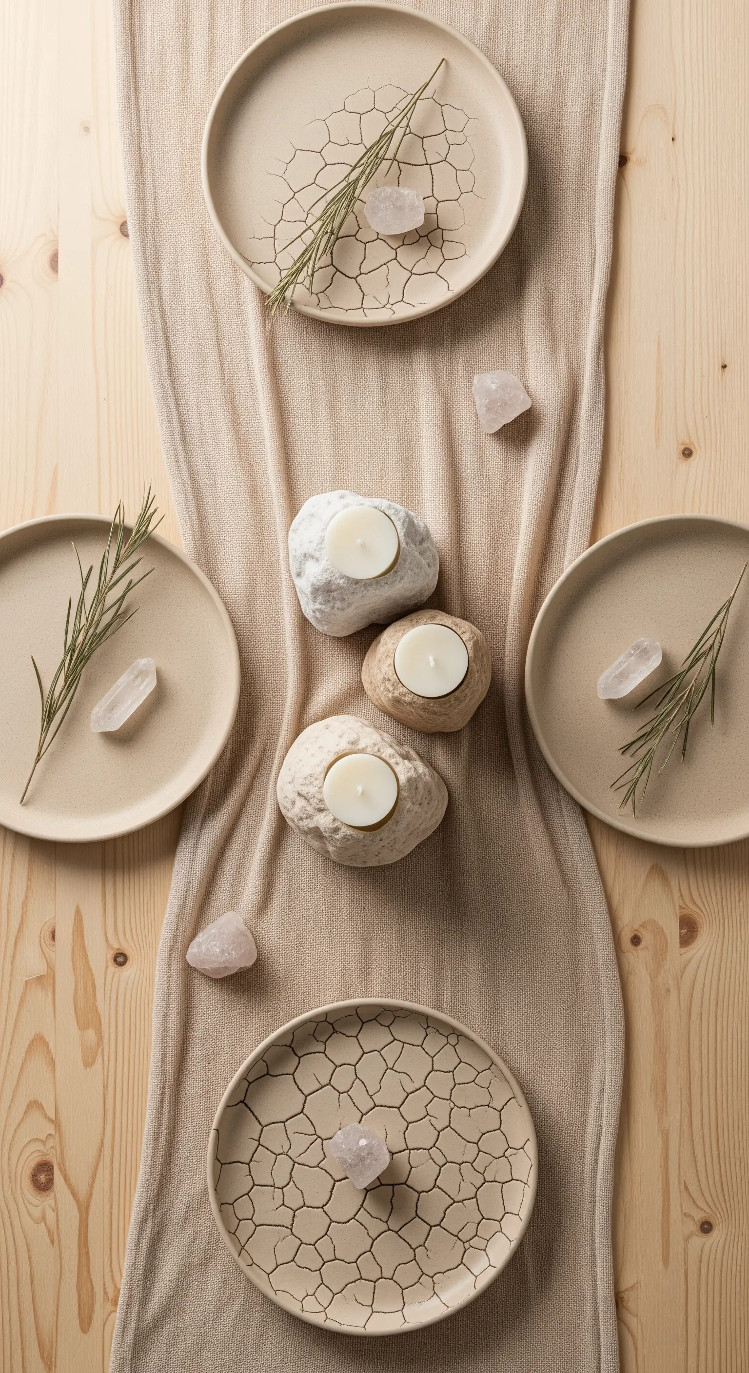 Tavola minimalista con piatti effetto craquelé, pietre come portacandele e quarzo rosa