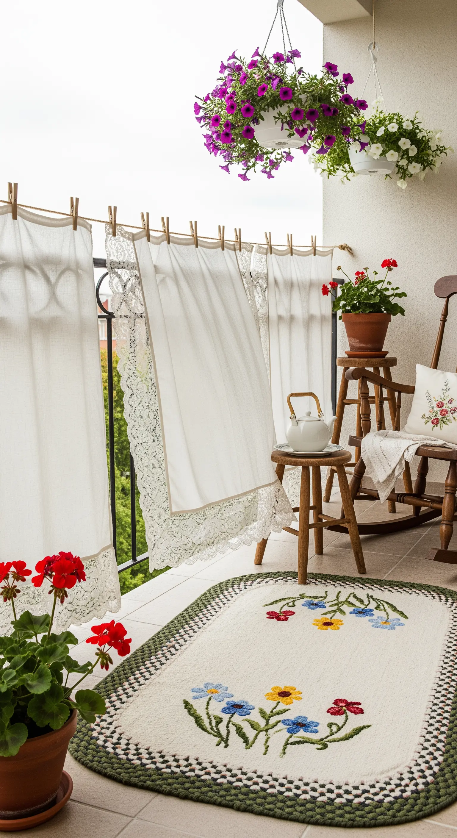 Balcone rustico con tende appese con mollette, tappeto ricamato e gerani rossi.