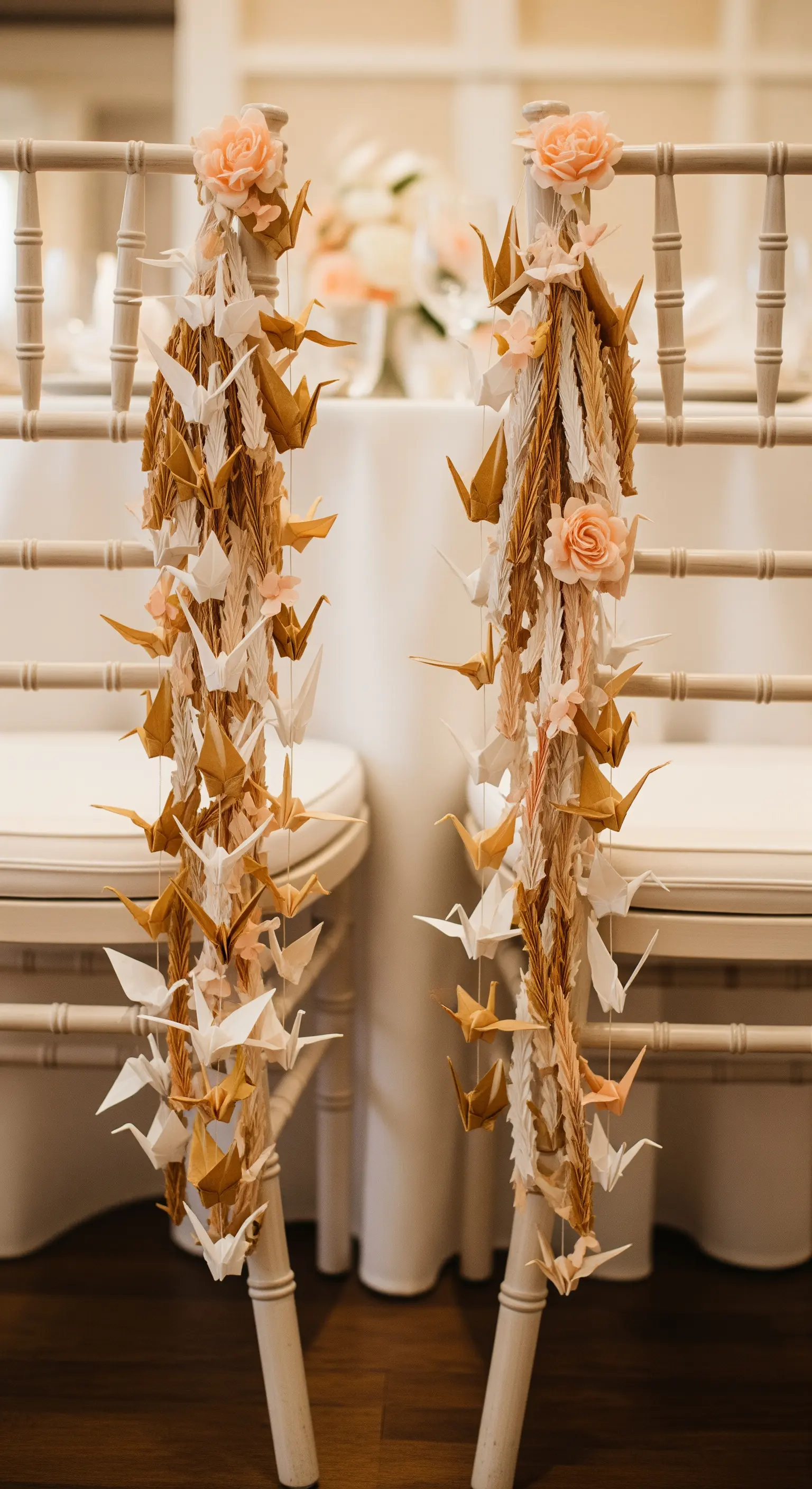 Sedie bianche decorate con lunghe cascate di origami a forma di gru in tonalità neutre.