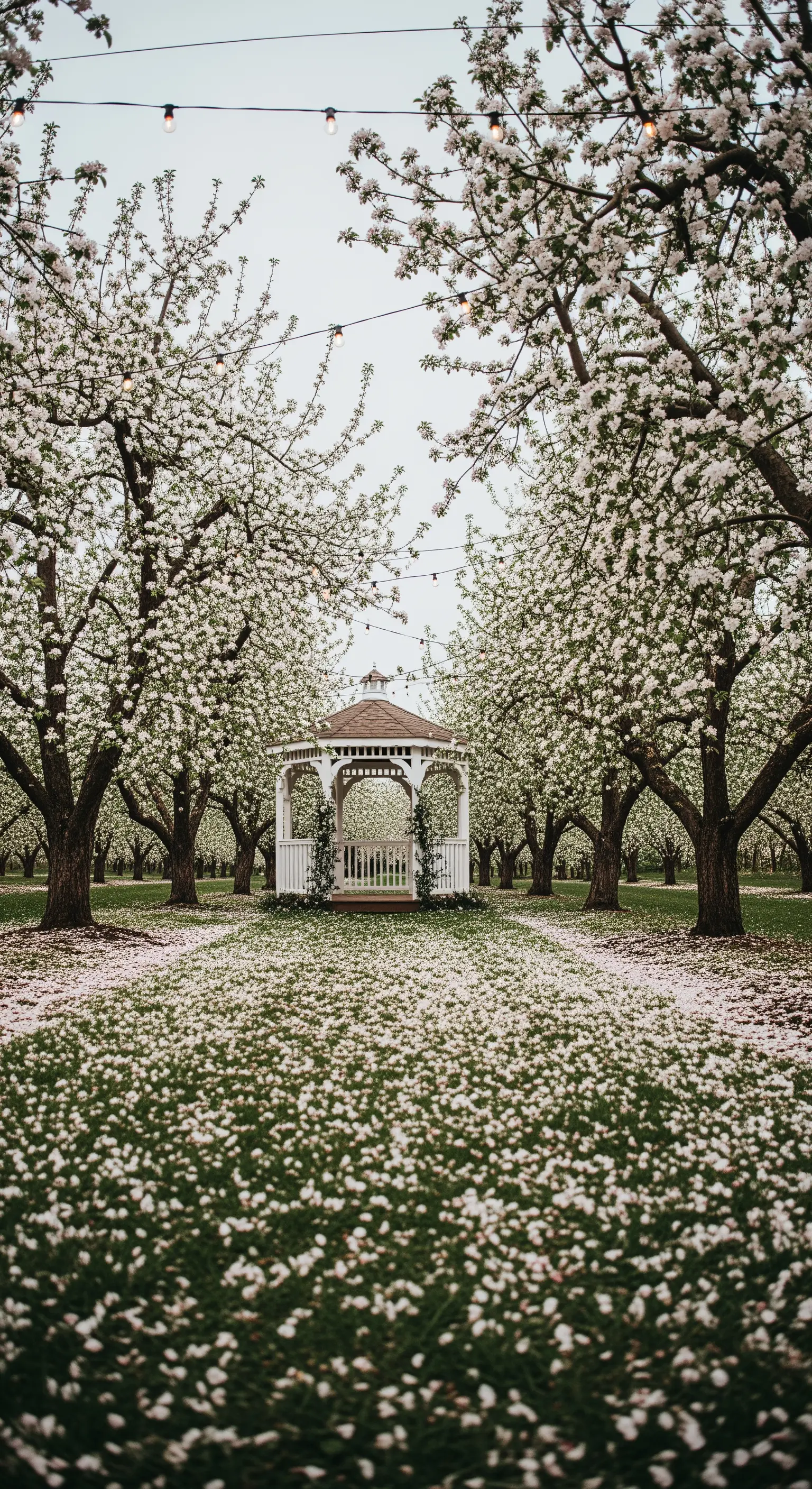 Gazebo bianco in un frutteto di meli in fiore, con petali bianchi a terra e lucine.