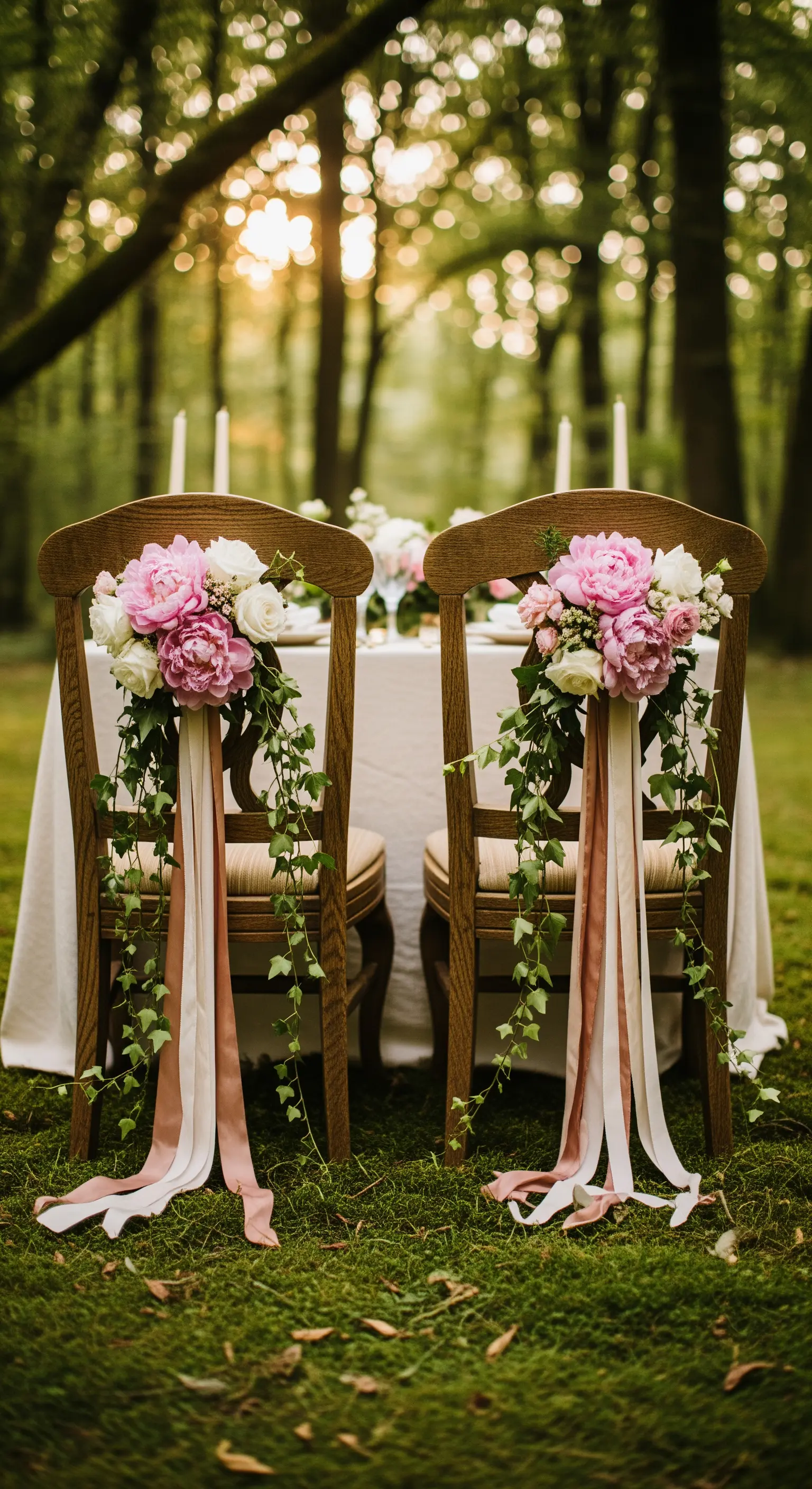 Sedie in legno decorate con bouquet di peonie rosa, rose bianche e lunghi nastri di seta.