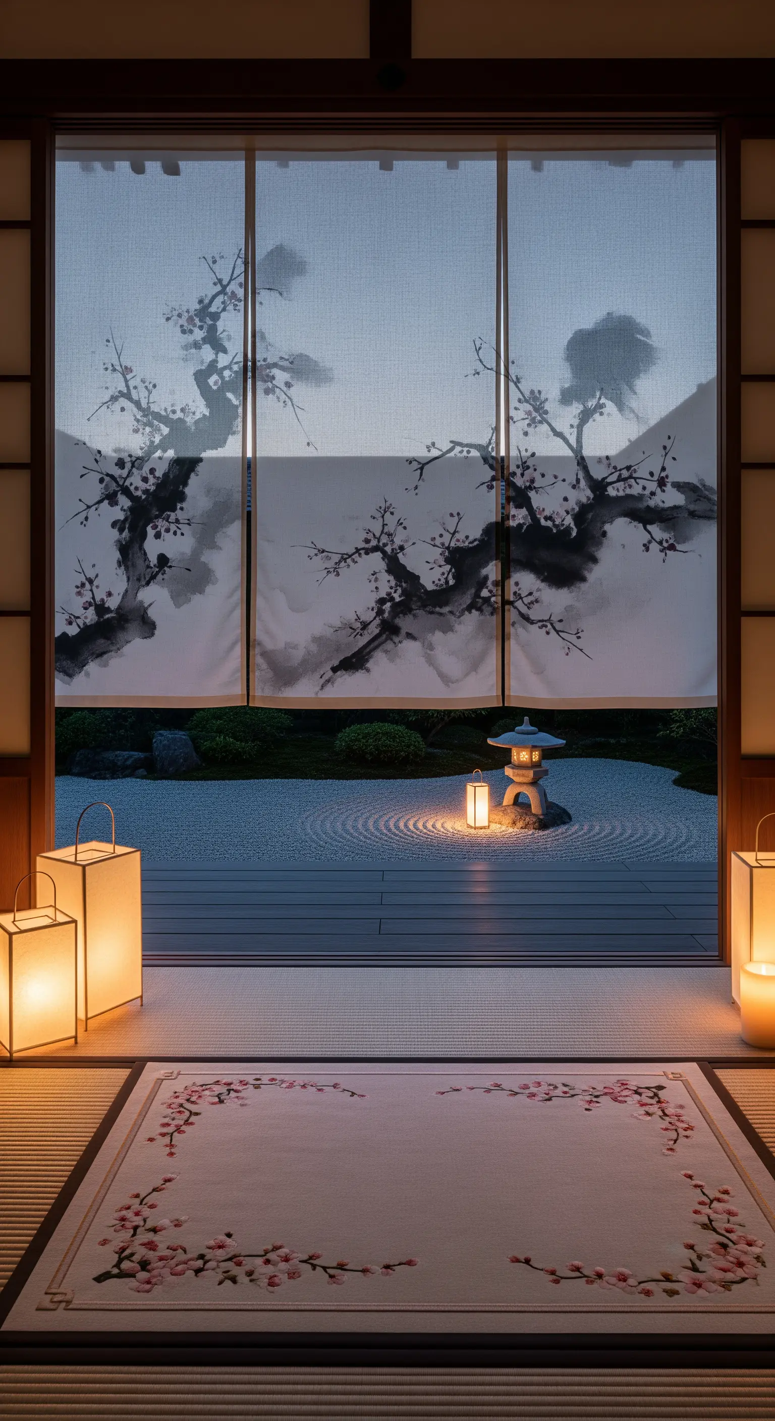 Veranda in stile giapponese con vista su giardino zen, tende dipinte e lanterne di carta a terra.