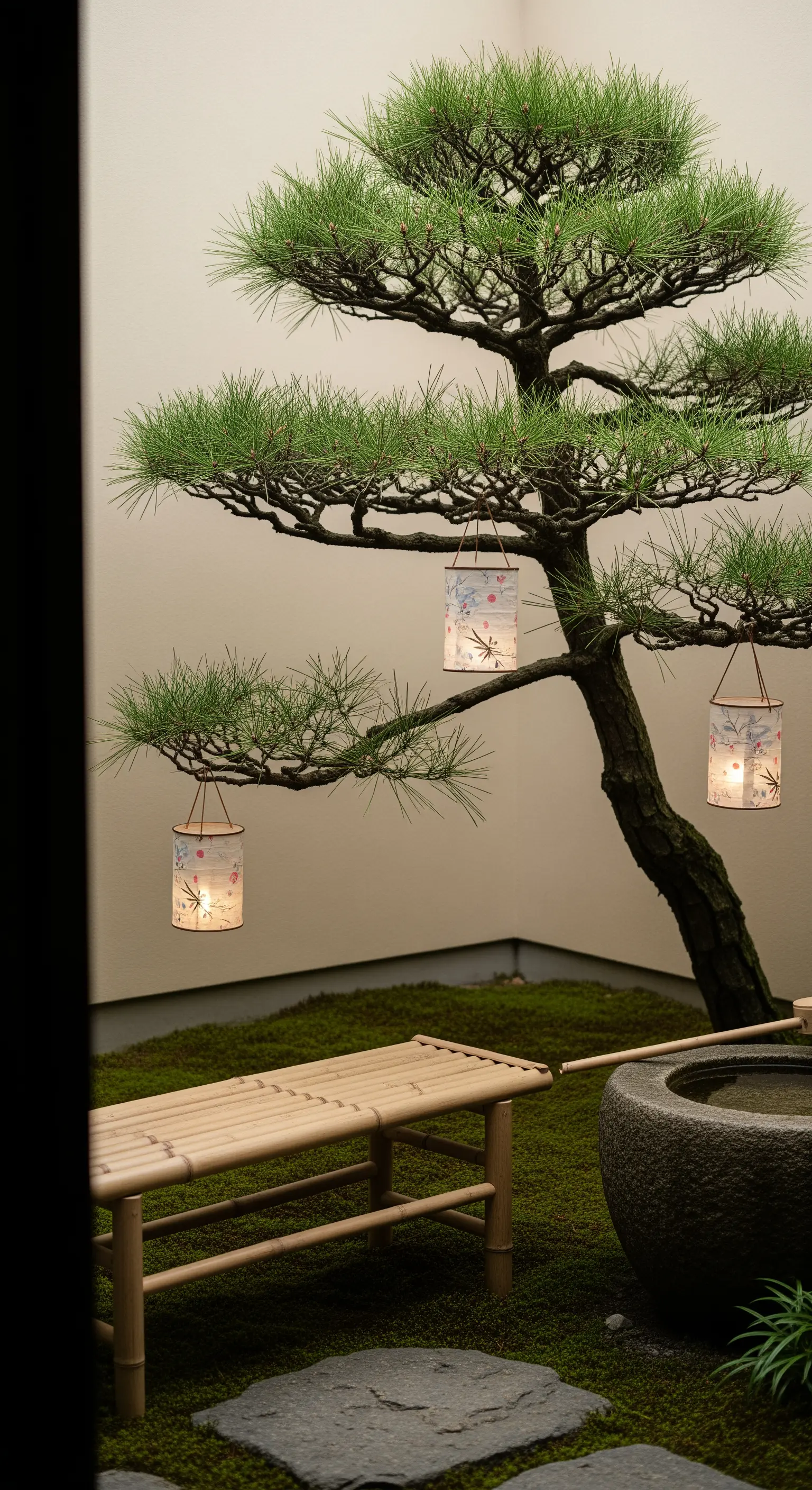 Panca in bambù in un angolo zen con pino, muschio e piccole lanterne di carta decorate.