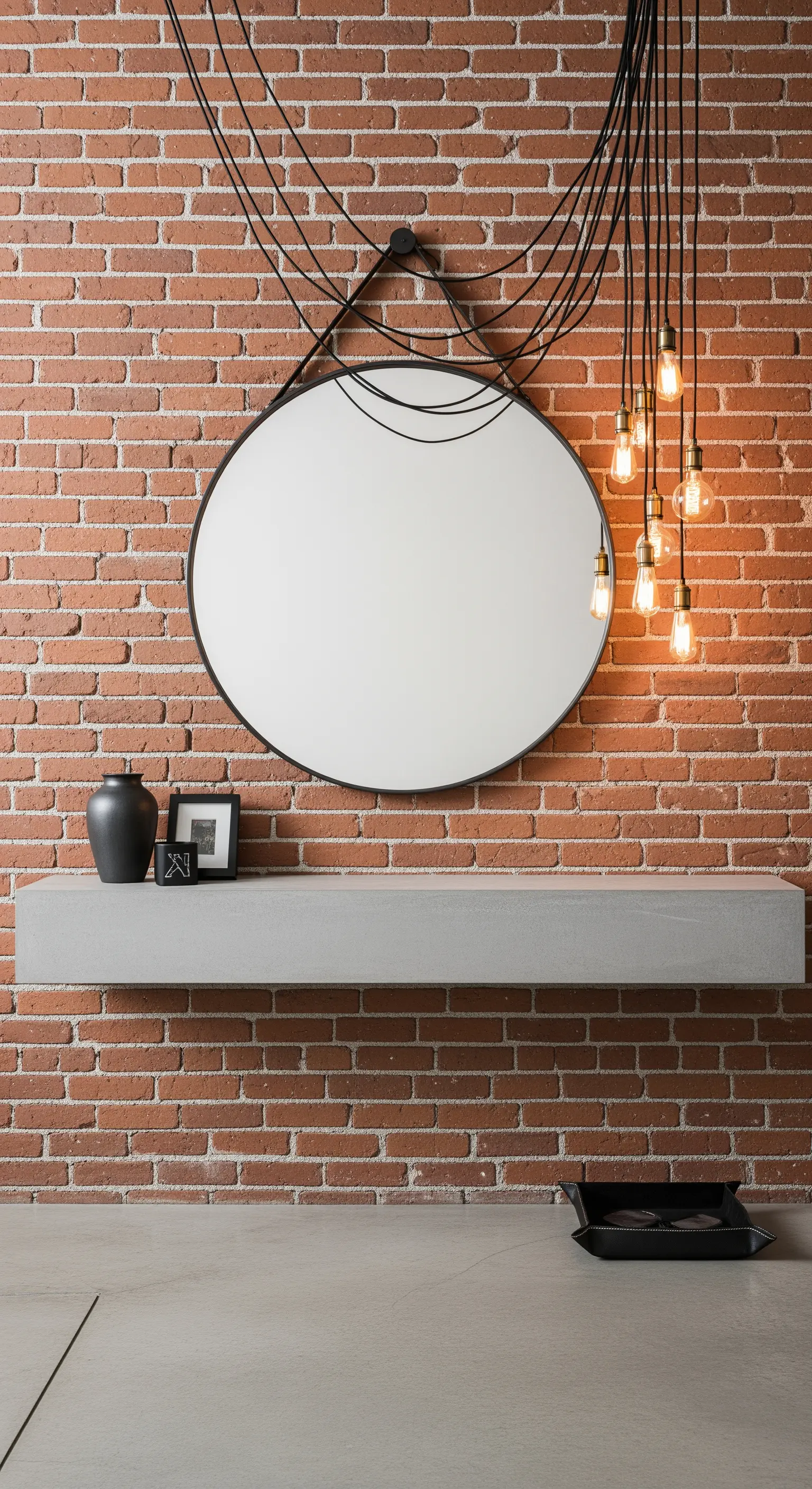 Mensola in cemento e specchio rotondo su una parete di mattoni a vista con lampadine sospese.